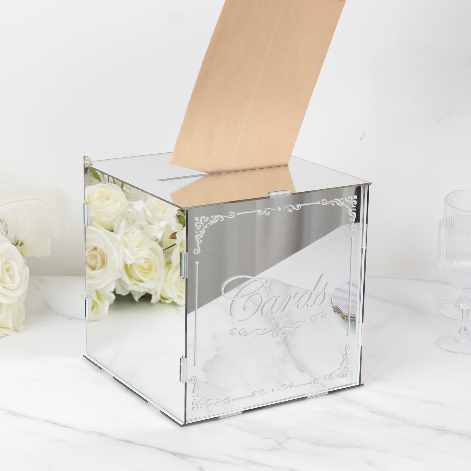 10 Silver Mirror Acrylic Wedding Card Box with Slot - Wishing Well Money Box for Reception, Graduation, and Events