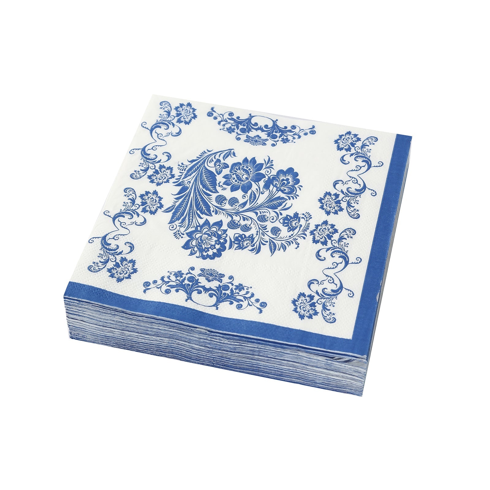 50 Pack 2-Ply Paper Beverage Napkins in White Royal Blue Damask Pattern, Disposable Cocktail Napkins - Highly Absorbent & Soft