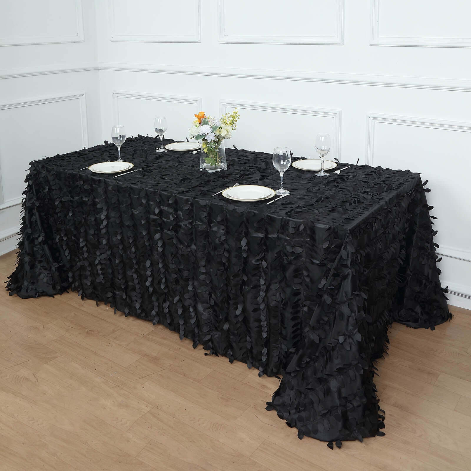 Taffeta 90x156 Rectangle Tablecloth Black | 3D Leaf Petal Design Seamless Table Cover