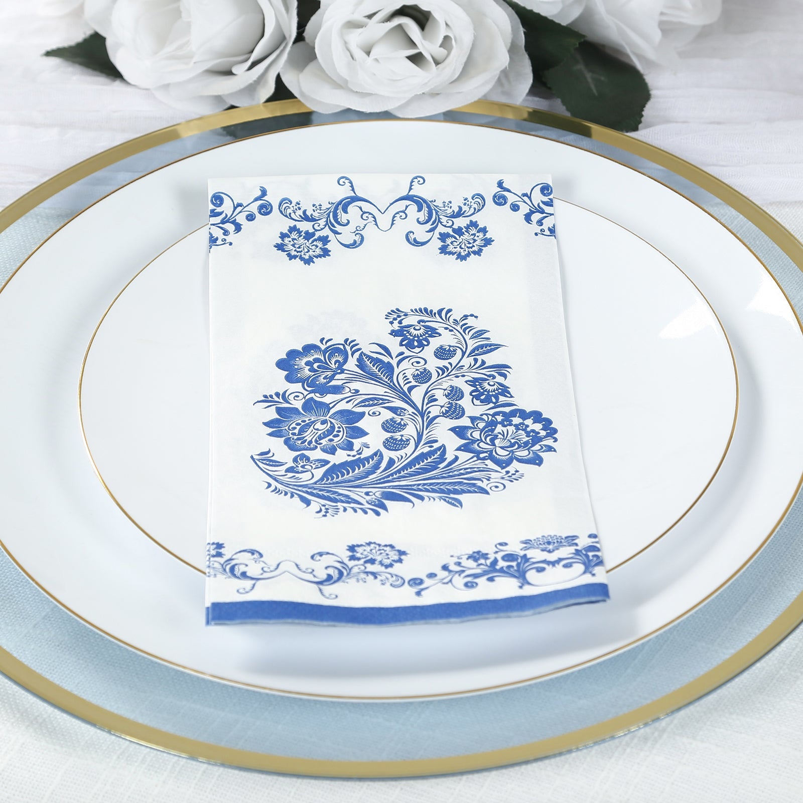 50 Pack 2-Ply Paper Party Napkins in White Royal Blue Damask Floral Pattern, Disposable Dinner Napkins - Highly Absorbent & Soft