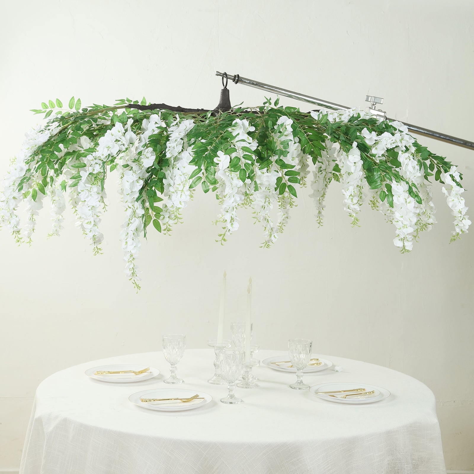 55 White Artificial Silk Wisteria Vine Round Hanging Canopy, Draping Garland Flower Chandelier With Interchangeable Branches