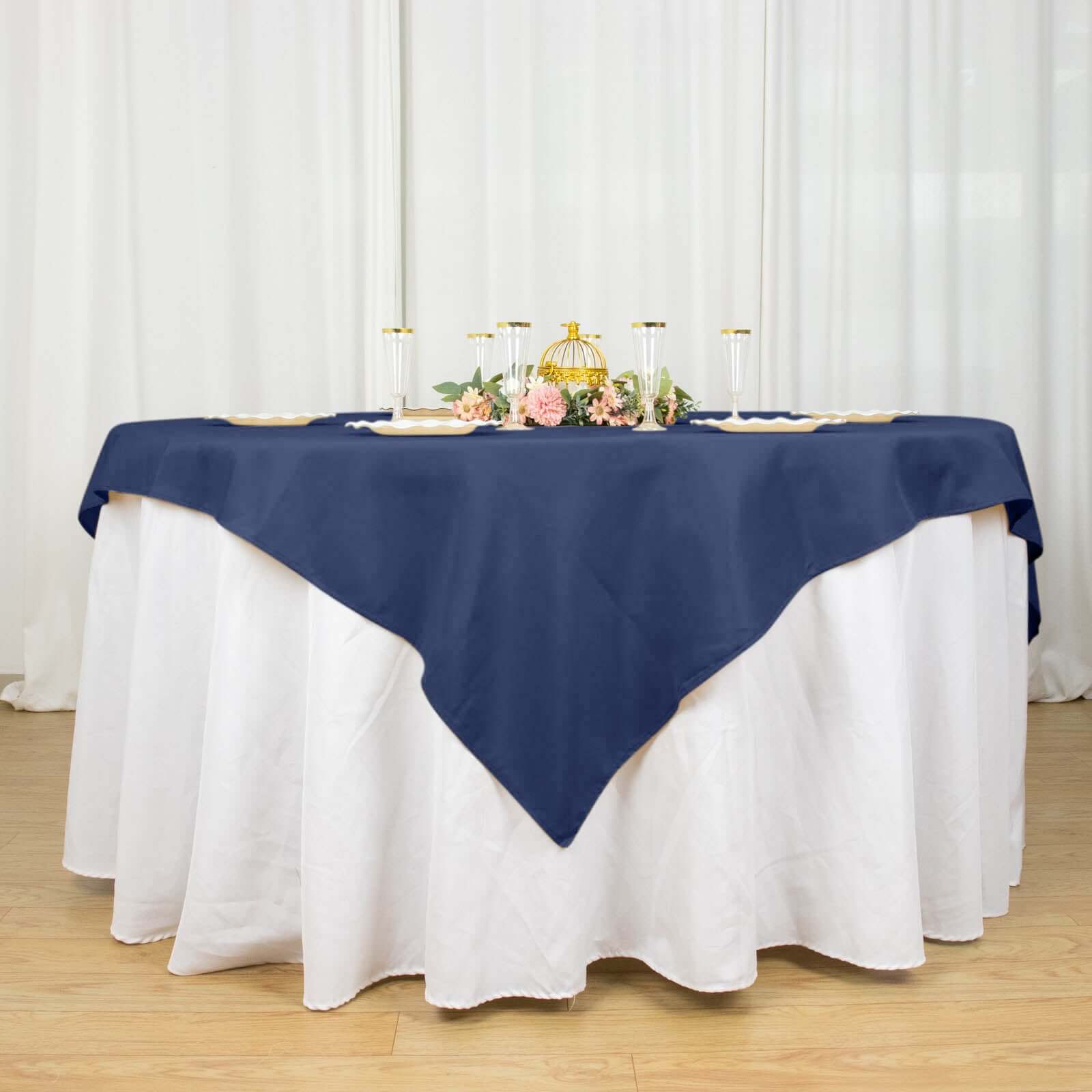 Premium Polyester 70x70 Table Overlay Square Tablecloth Navy Blue 220GSM Wrinkle-Resistant Table Cover