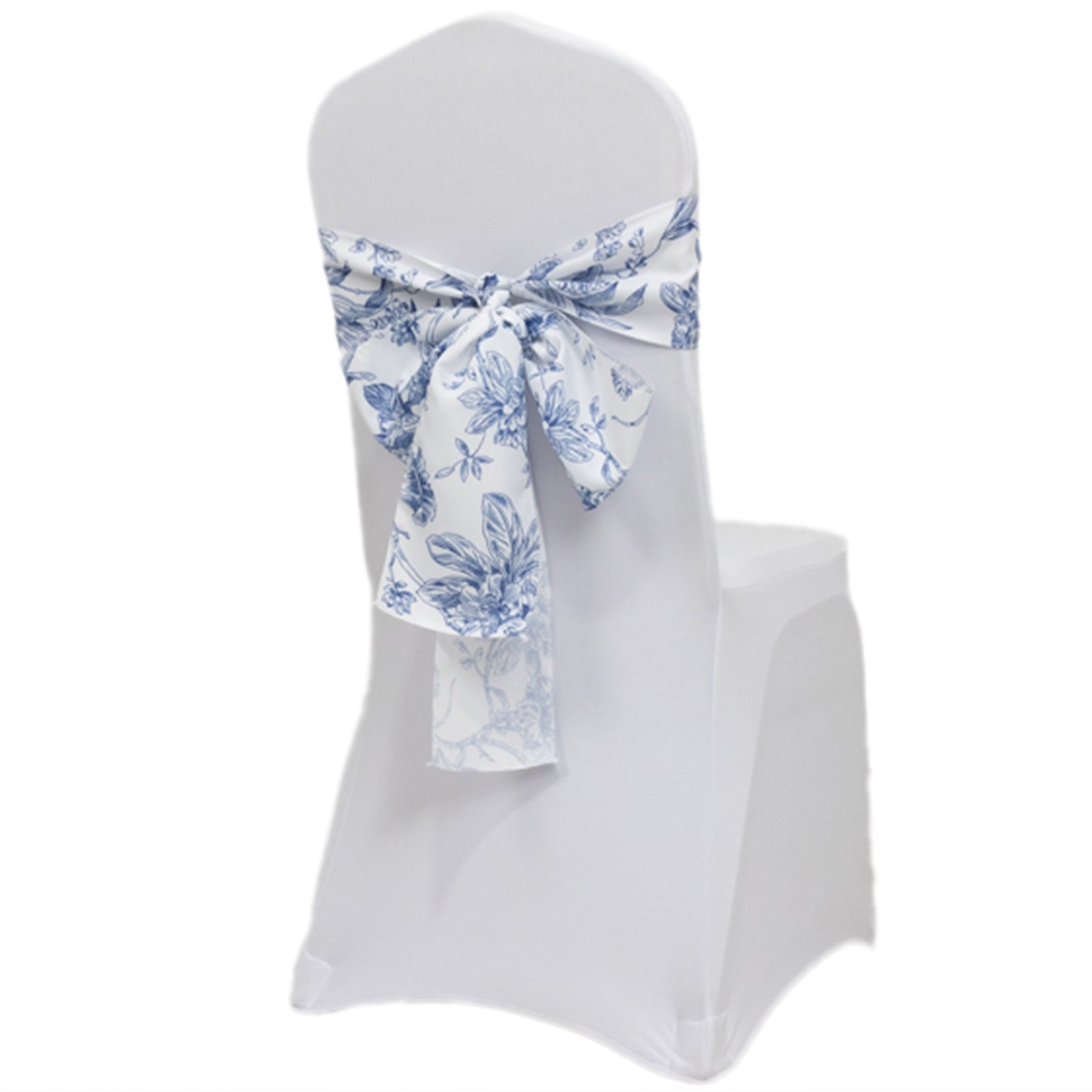 Polyester Chair Sashes White/Blue French Toile Floral Design - Wrinkle-Resistant & Durable Chair Bows for Exquisite Weddings & Banquets 6x108