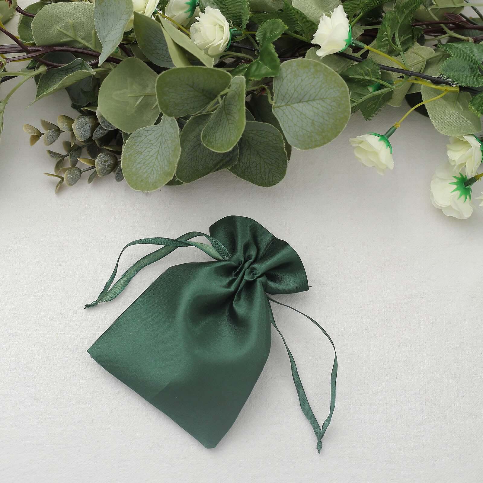 12 Pack 4x6 Hunter Emerald Green Satin Wedding Party Favor Bags, Drawstring Pouch Gift Bags