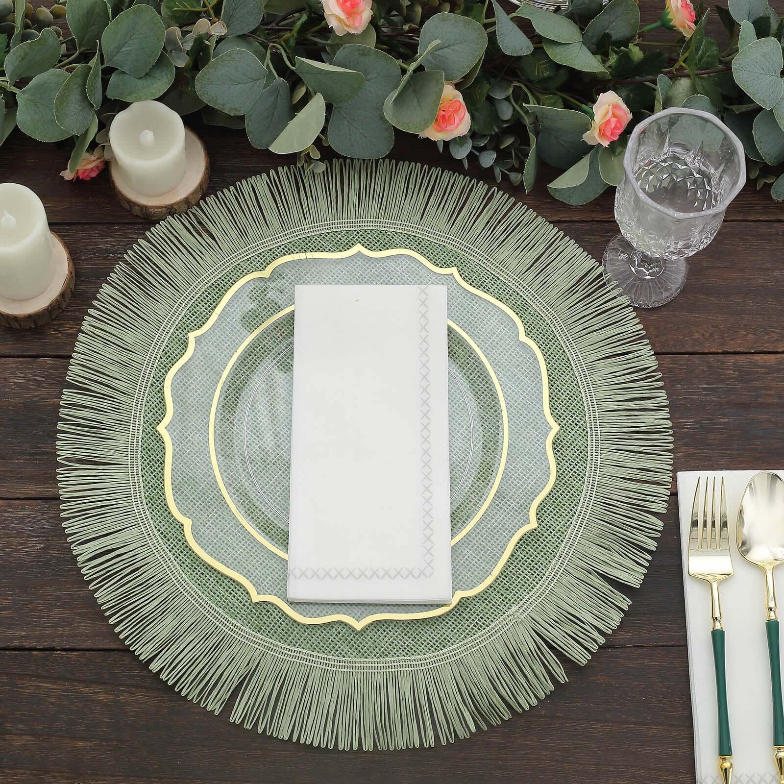 4-Pack Placemats Fringe Edge Design Sage Green Jute Round - Rustic Boho Chic Burlap Table Decor 16