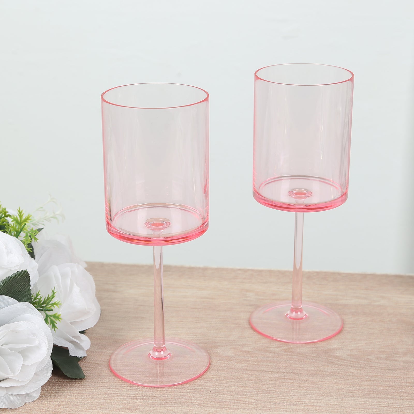 6-Pack Plastic Cocktail Glasses Transparent Blush Cylindrical Long Stem - Shatterproof Tumblers 10oz