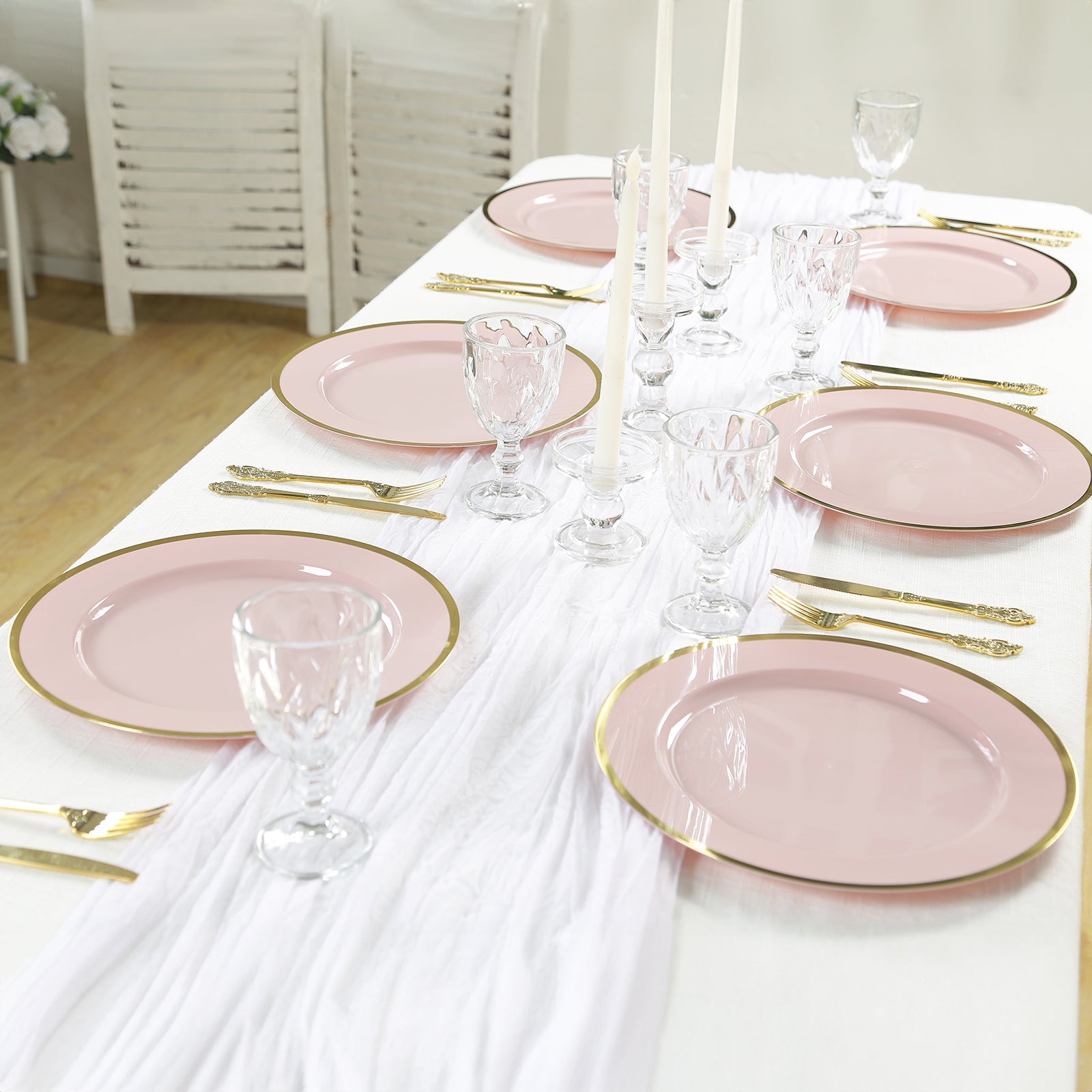 10-Pack Economy Plastic Round Charger Plates 12 in Blush with Wide Gold Rim, Decorative Dinner Party Serving Plates