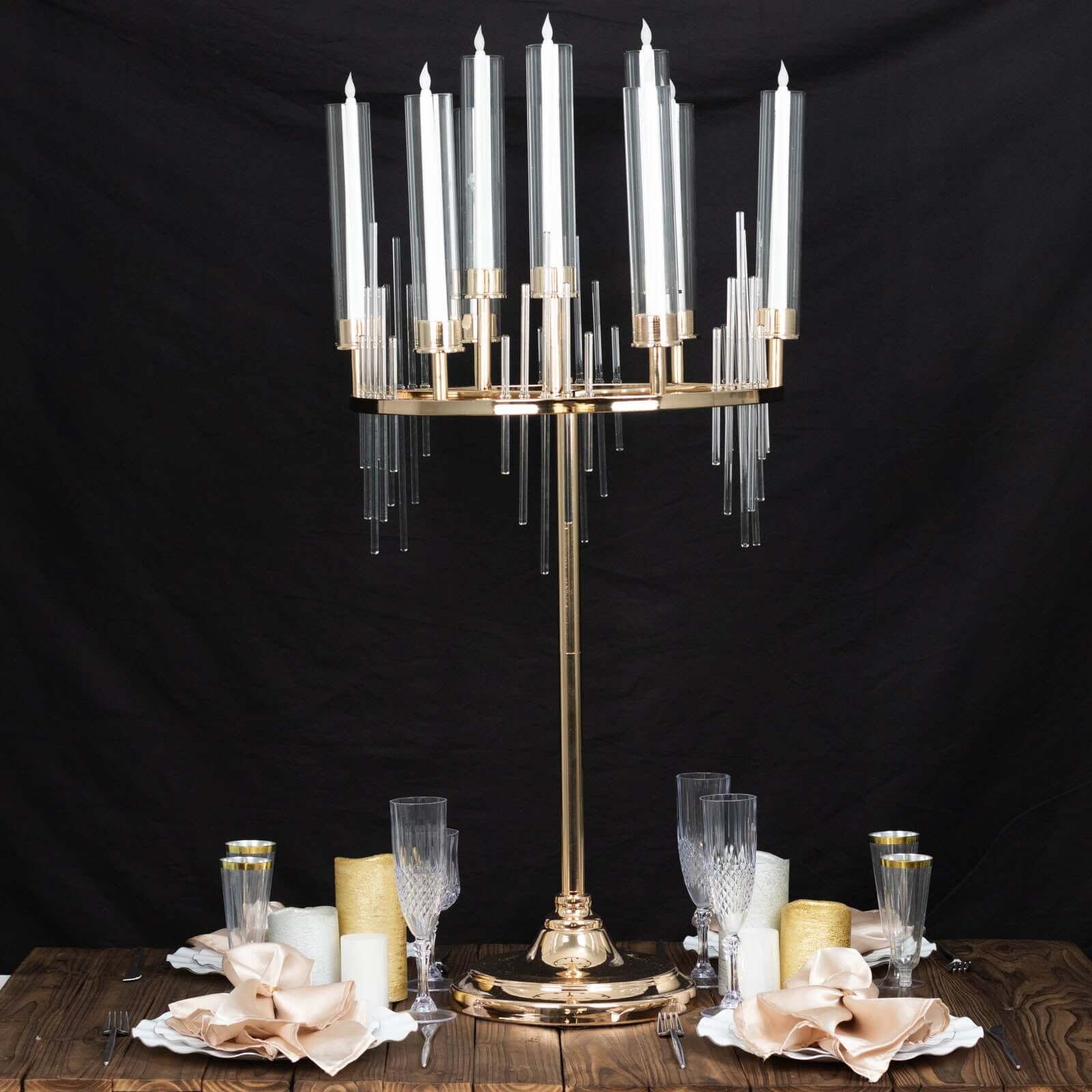 Metal 9-Arm Round Cluster Taper Candelabra Table Centerpiece Gold - Candlestick Holder Table Centerpiece With Drip Accents and Clear Glass Shades 40