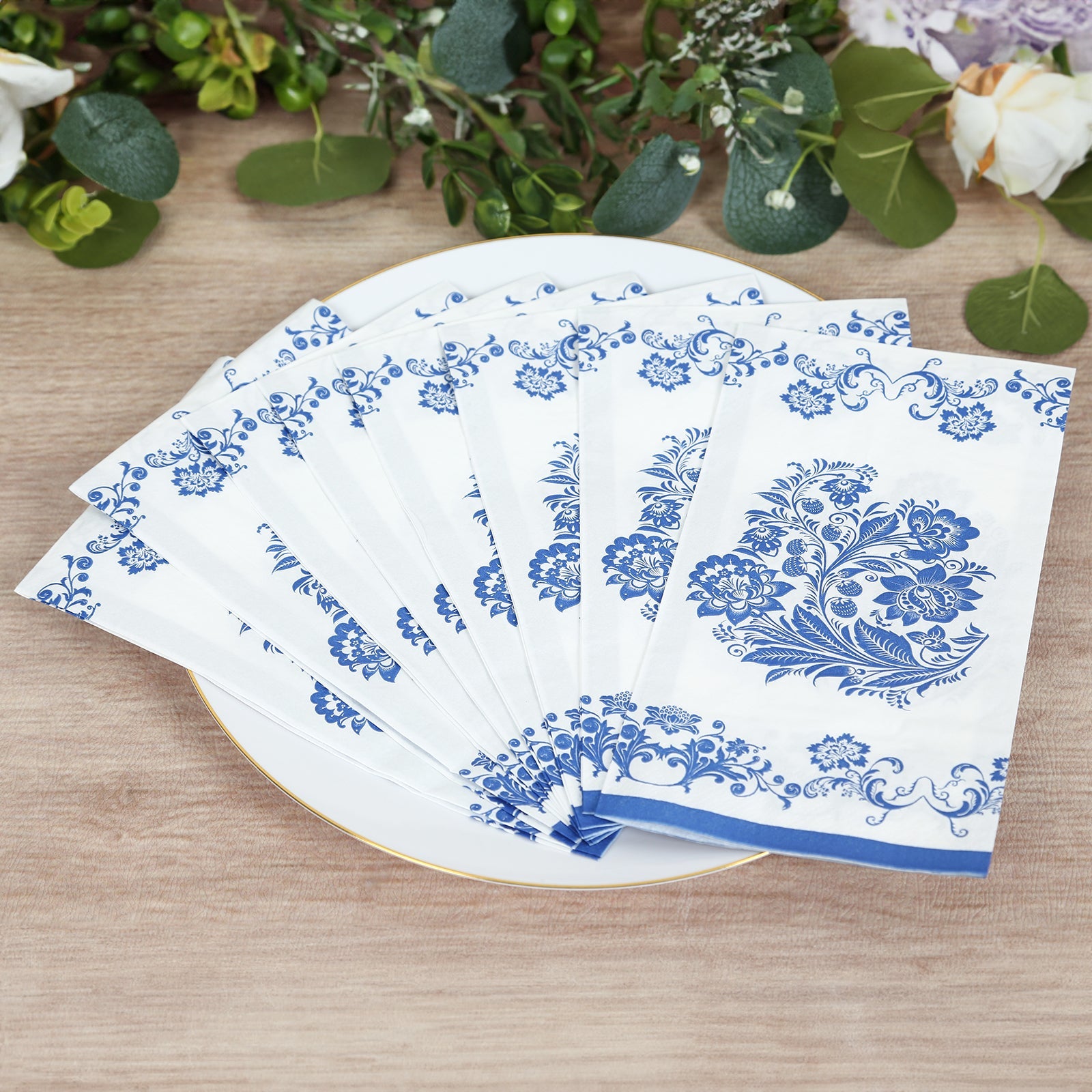 50 Pack 2-Ply Paper Party Napkins in White Royal Blue Damask Floral Pattern, Disposable Dinner Napkins - Highly Absorbent & Soft