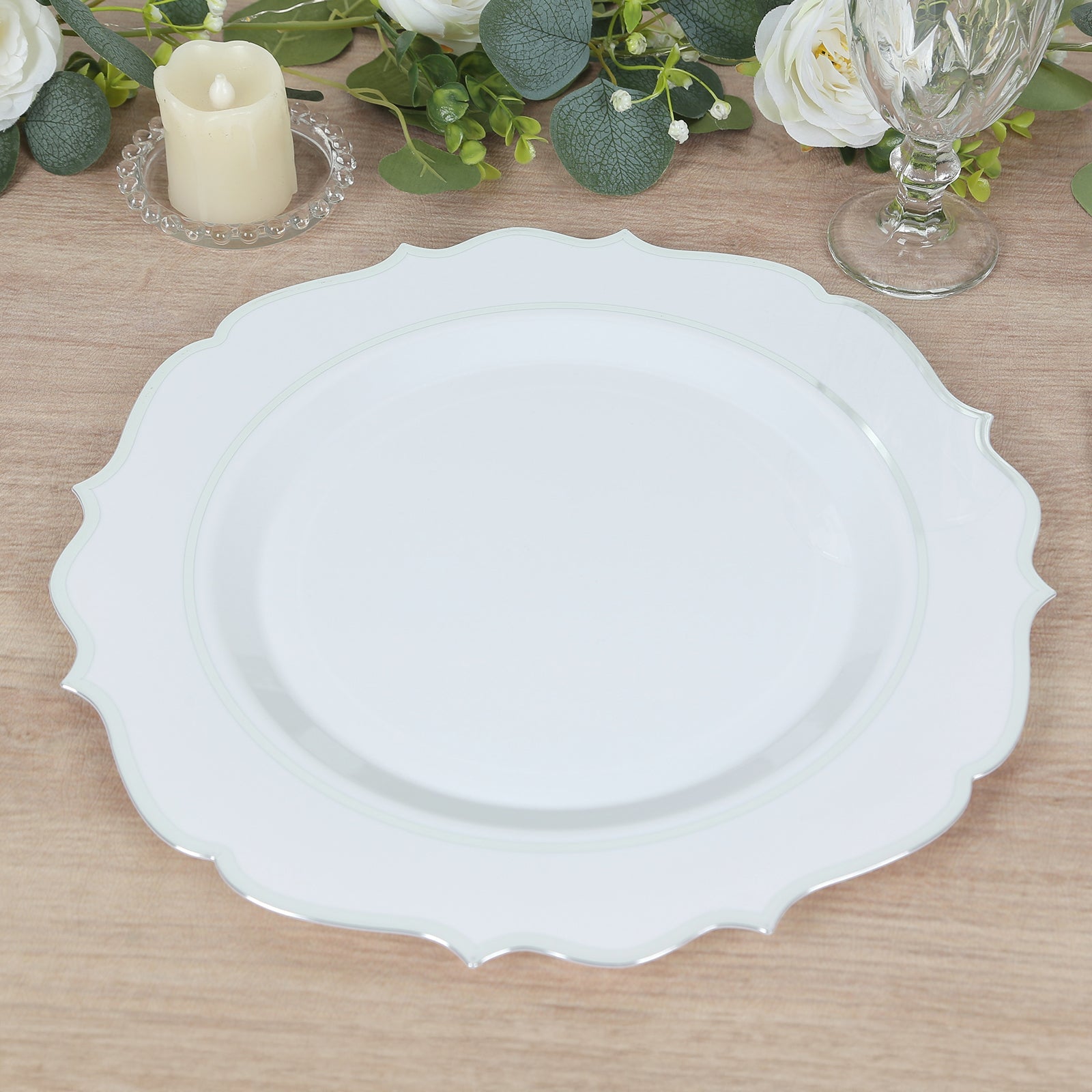 10-Pack Economy Plastic Round Charger Plates 13 in White with Silver Scalloped Rim, Decorative Dinner Party Serving Plates