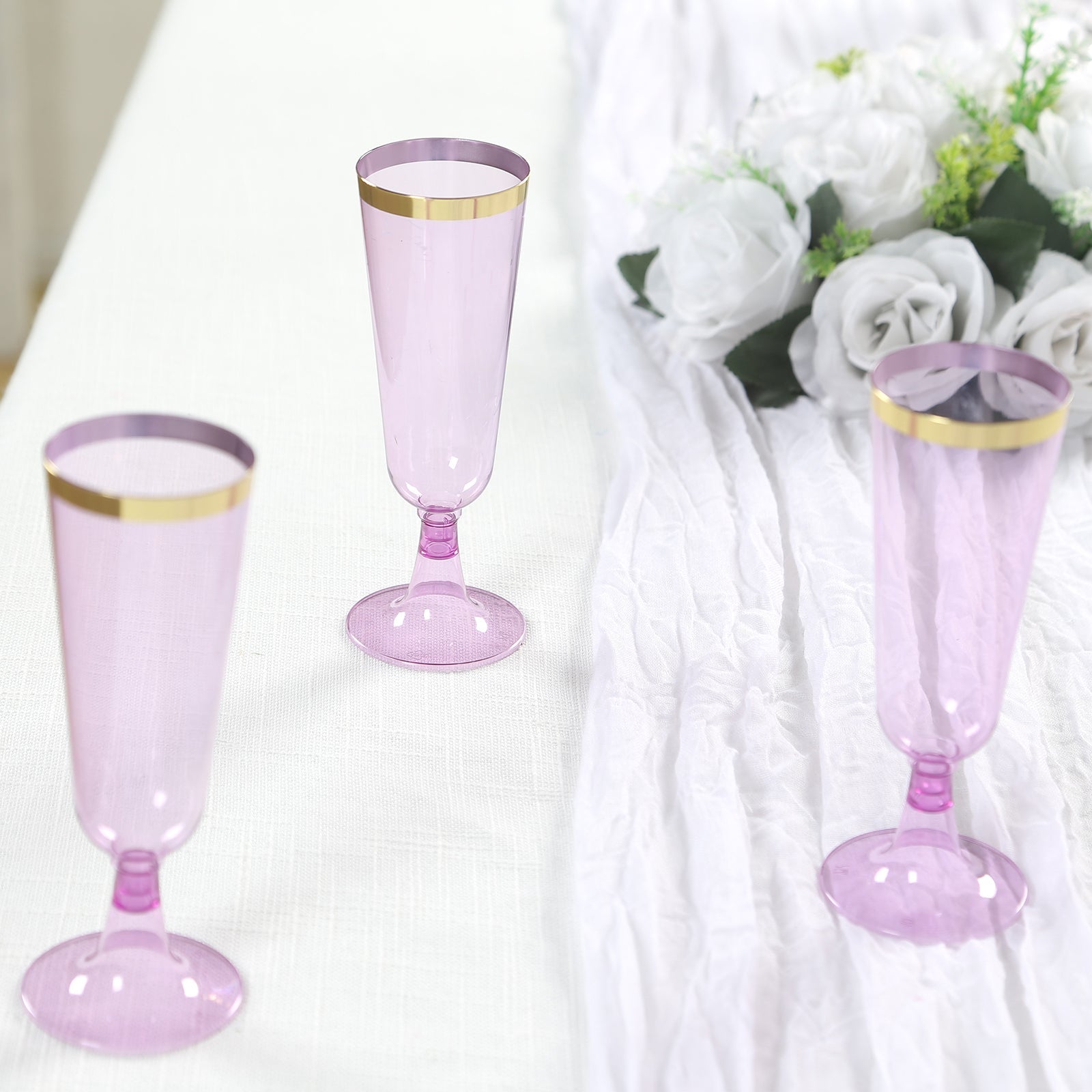 12-Pack Plastic Champagne Flutes Transparent Purpler with Gold Rim - Stylish Disposable Cocktail Glasses for Parties 5oz 6