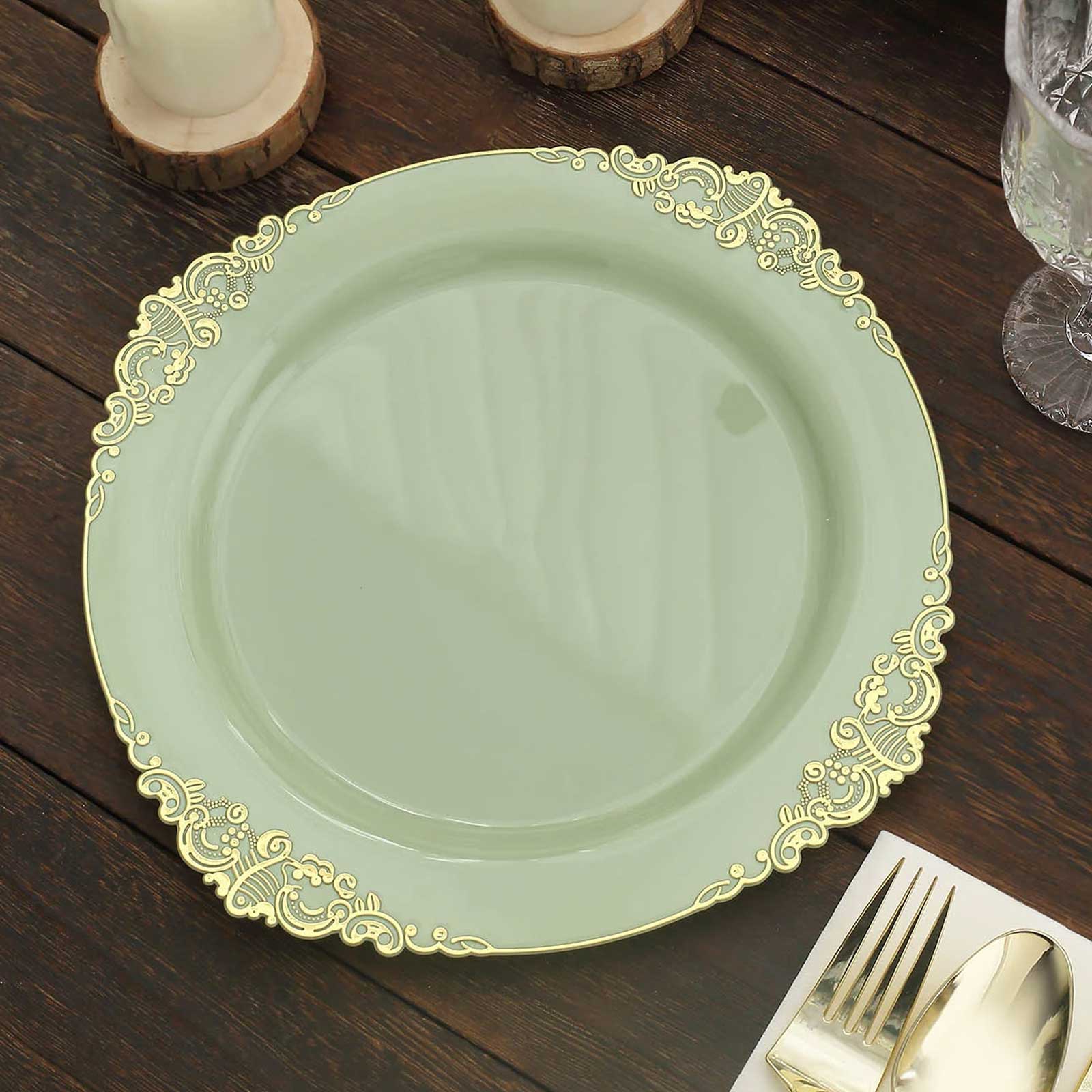 10-Pack Plastic 10 Round Dinner Plates in Sage Green with Gold Leaf Embossed Rim - Disposable Vintage Baroque Style Plates