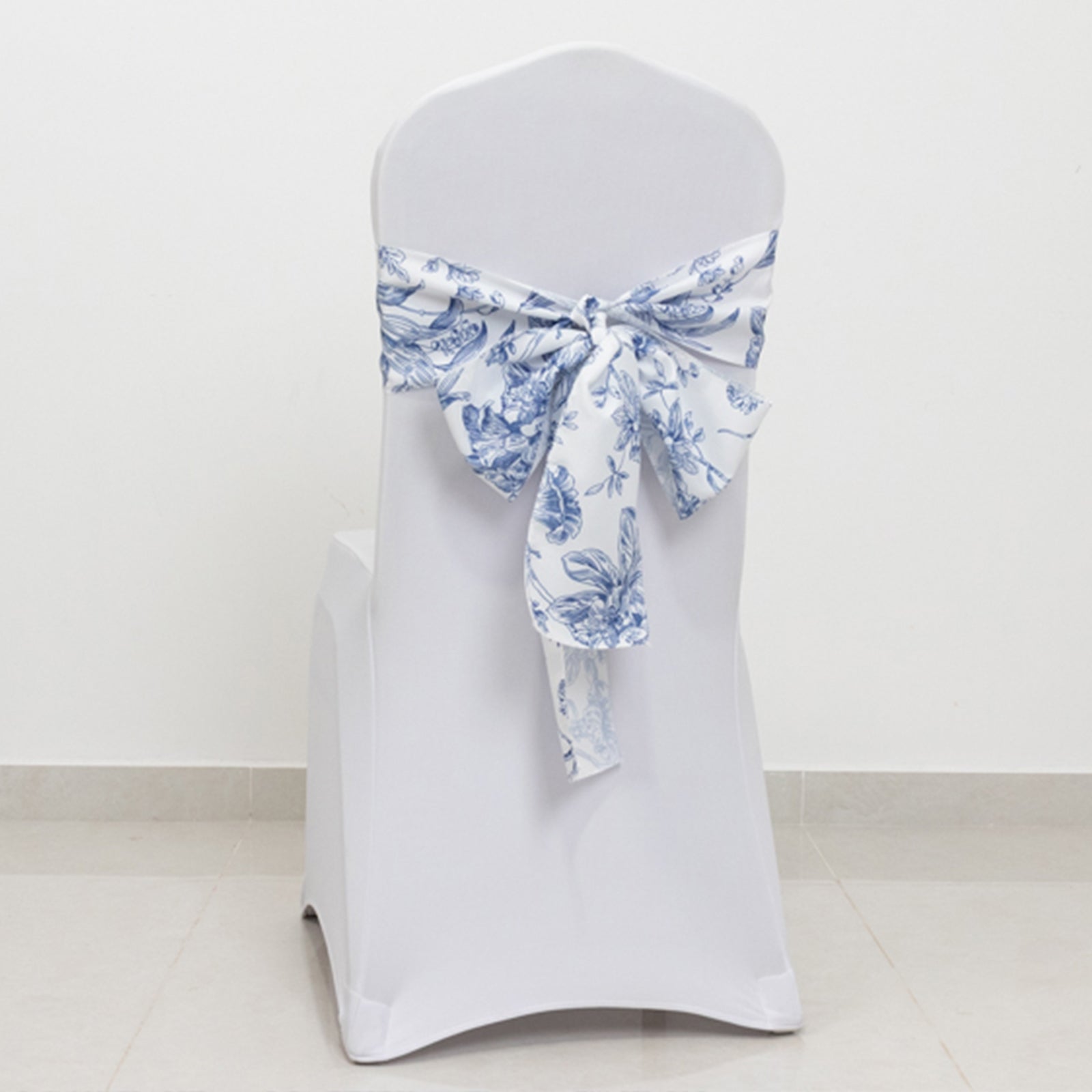 Polyester Chair Sashes White/Blue French Toile Floral Design - Wrinkle-Resistant & Durable Chair Bows for Exquisite Weddings & Banquets 6x108