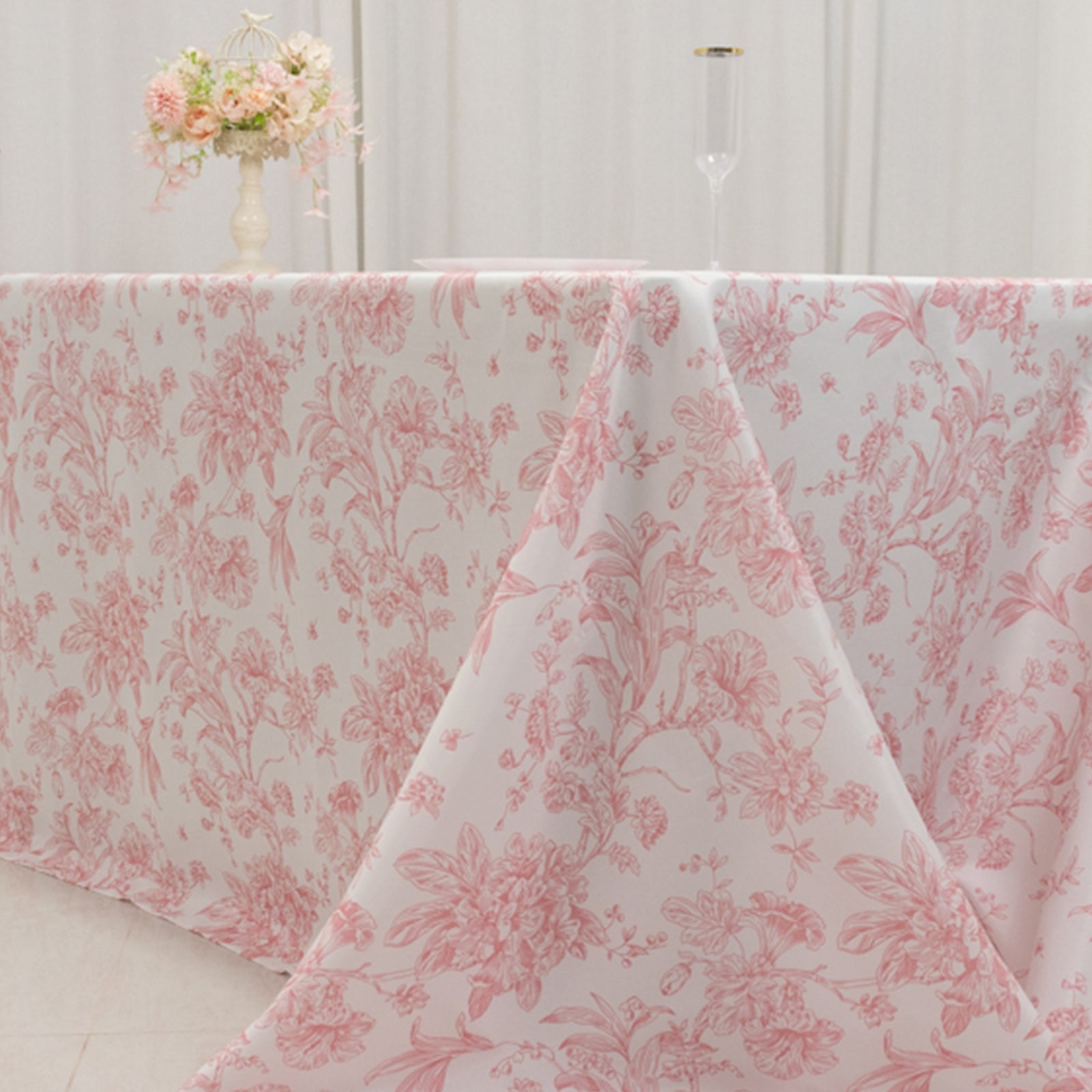 Polyester 90x156 Rectangle Tablecloth White - Seamless Pink French Toile Pattern for Grand Occasions