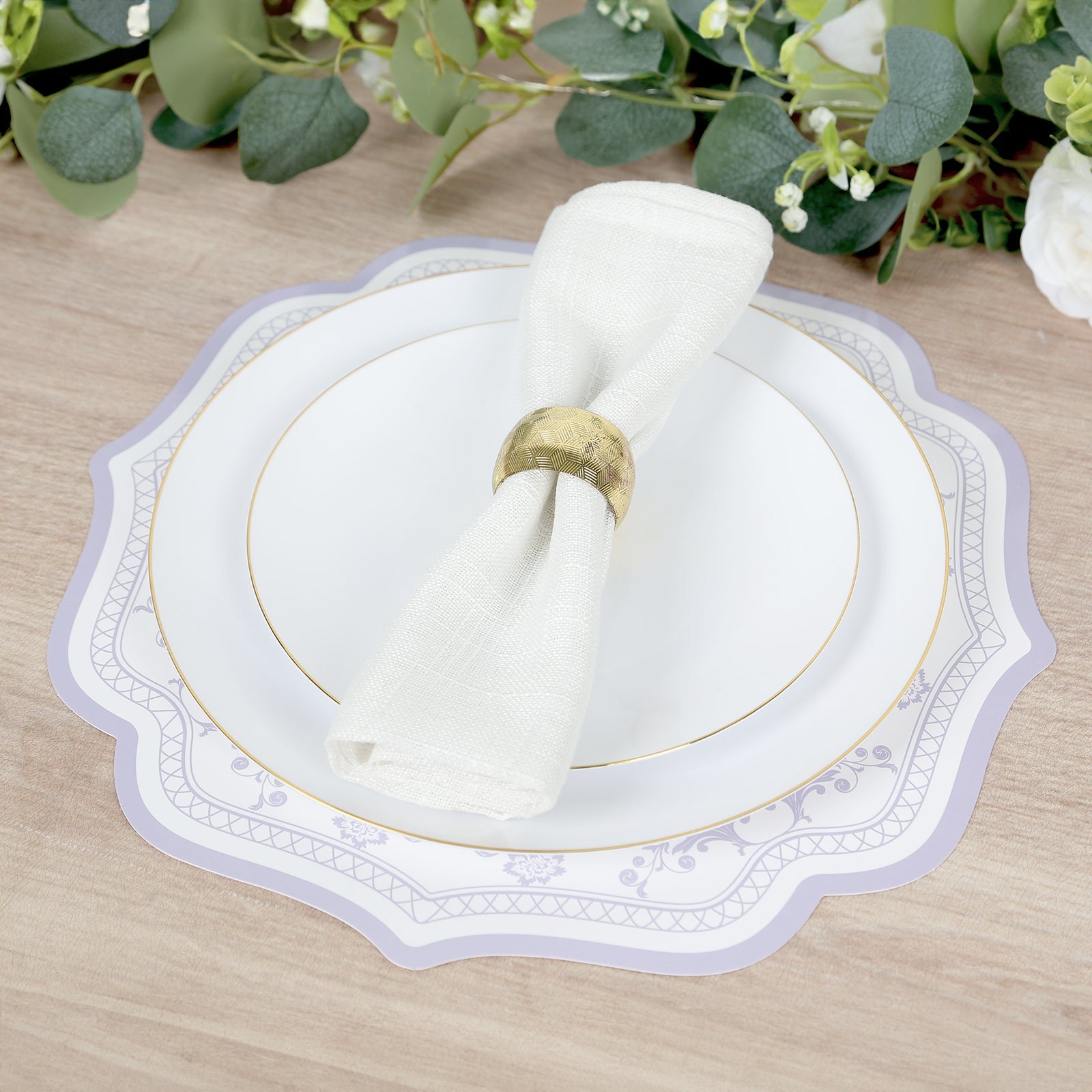 10-Pack Disposable Table Placemats 13 Round Placemats in White with Lavender French Toile Pattern & Scalloped Rim - 400GSM Cardboard Placemats for Stylish Table Setting