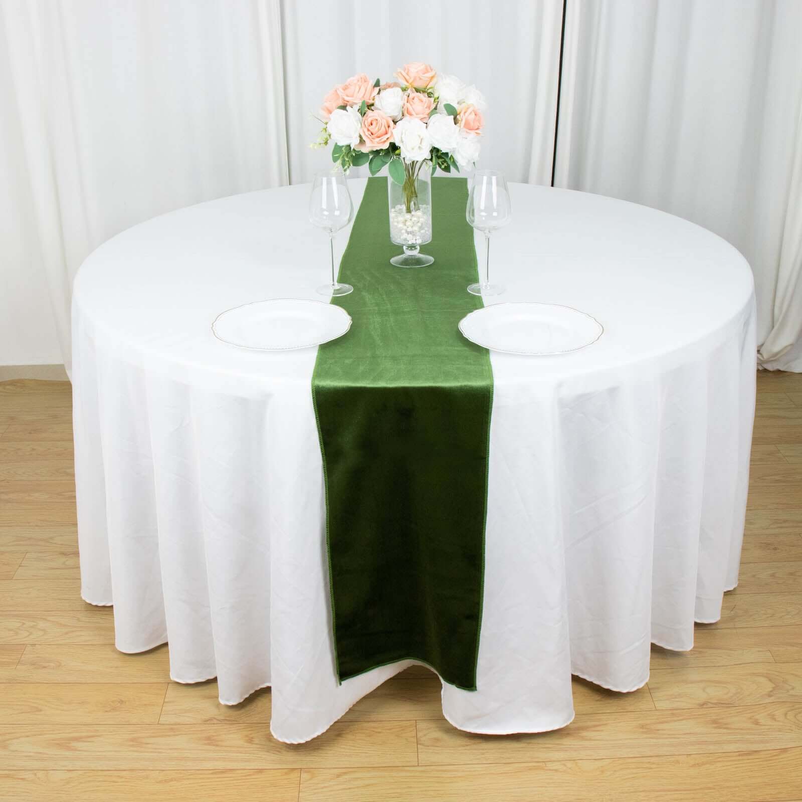 Premium Velvet 12x108 Table Runner Olive Green - Sheen Finish Reusable Table Decor