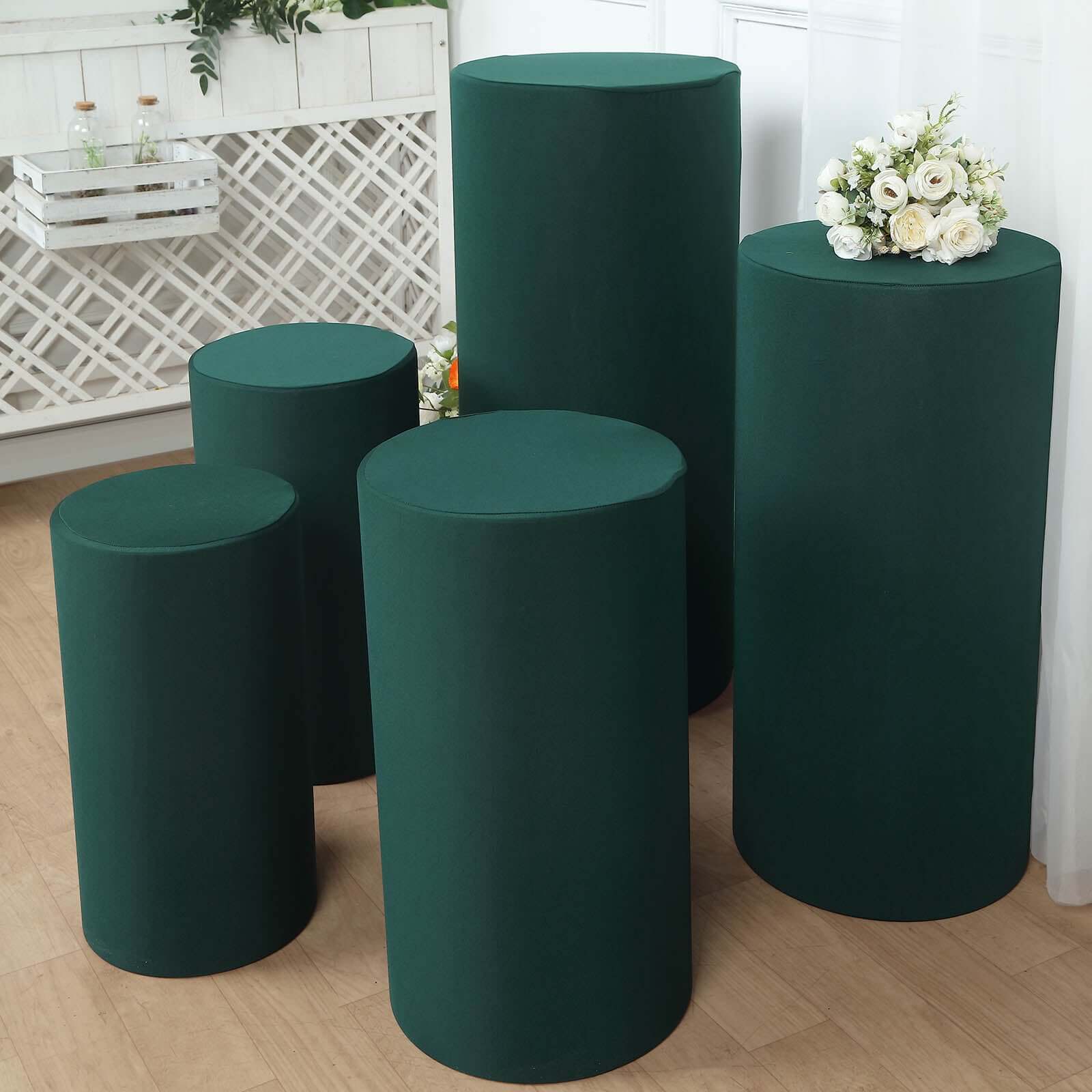 Set of 5 Hunter Emerald Green Spandex Cylinder Pedestal Stand Covers, Stretchable Pillar Prop Covers - 160 GSM