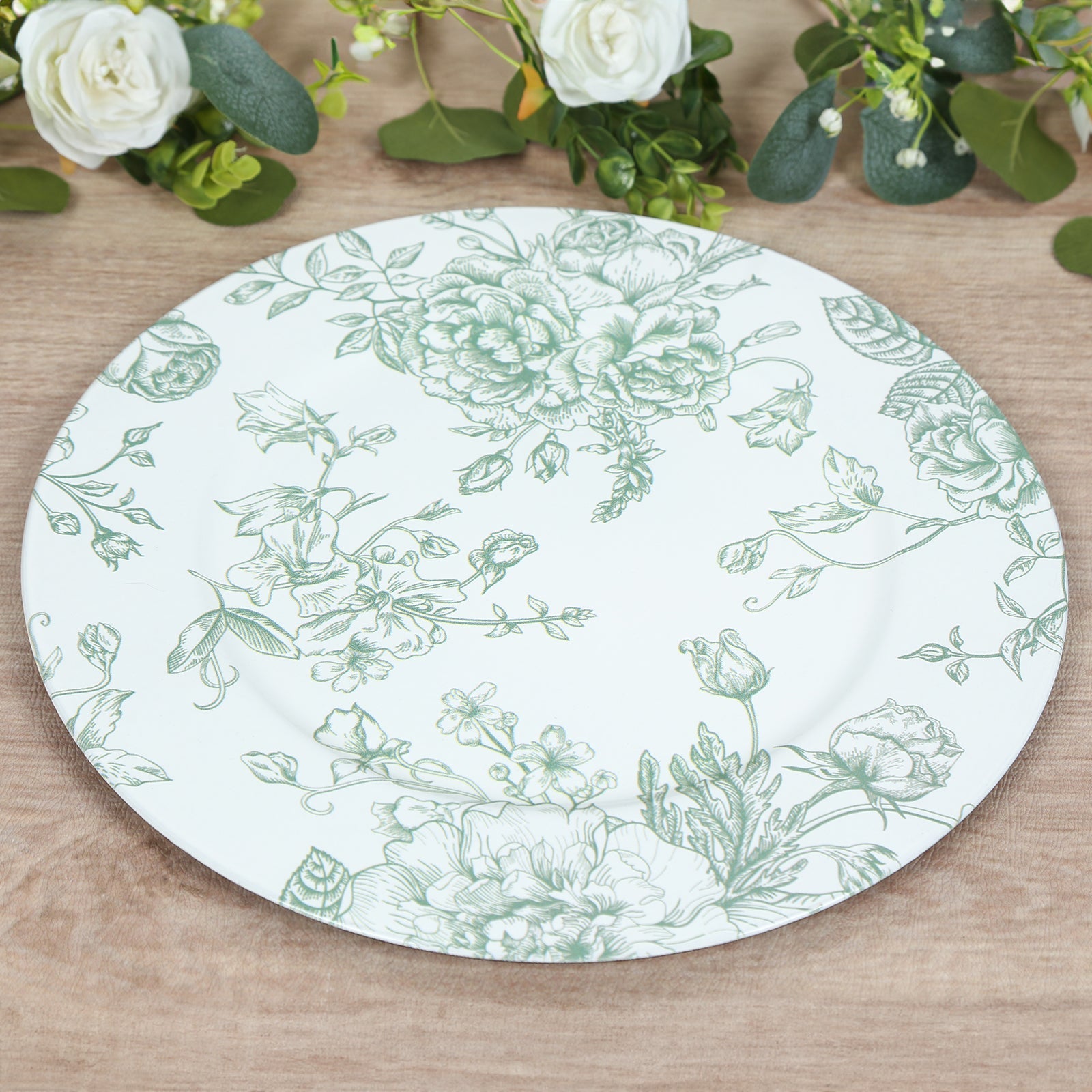 6 Pack Round Floral Acrylic Charger Plates in French Toile Pattern, 13 White Sage Green Dinner Charger Event Tabletop Decor