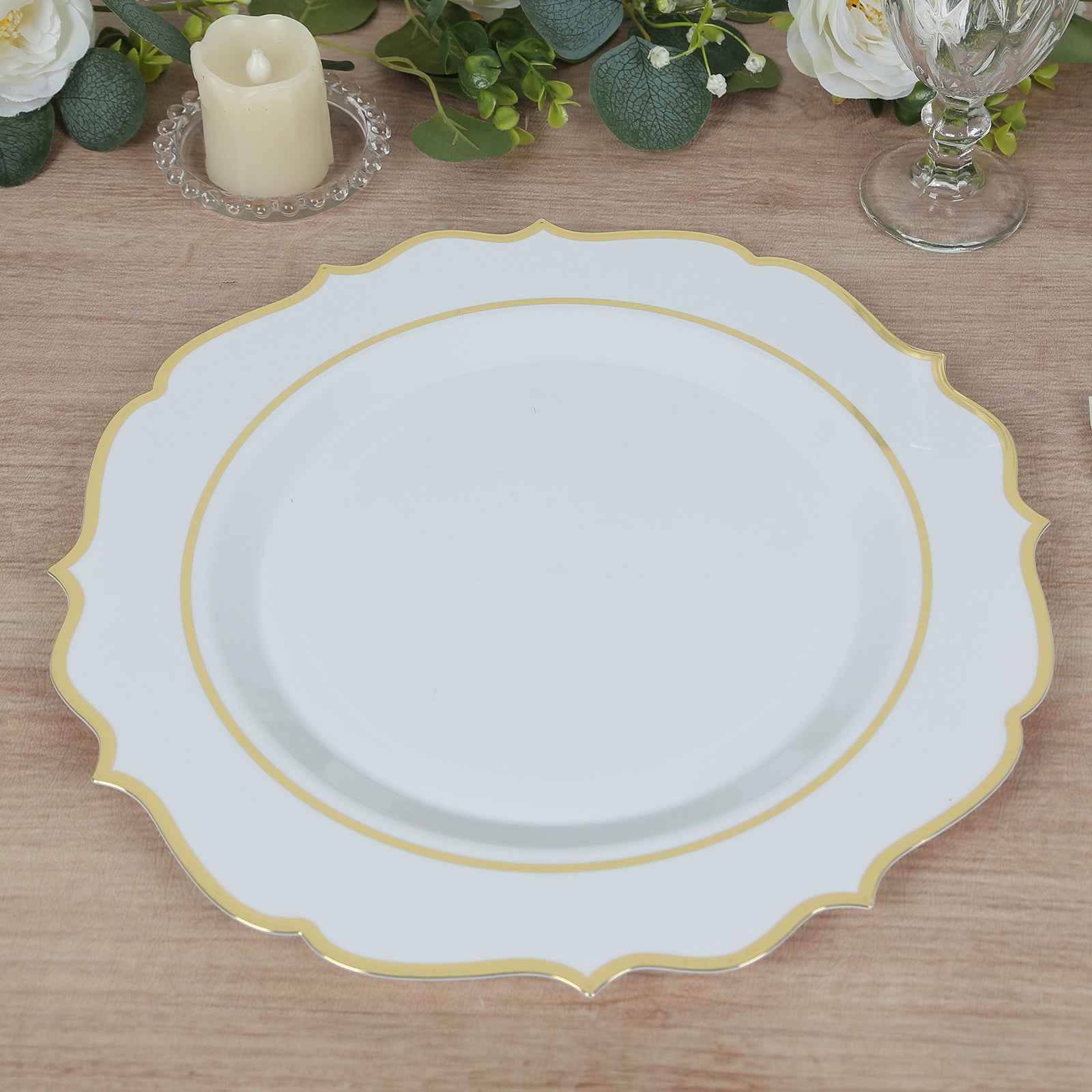 10-Pack Economy Plastic Round Charger Plates 13 in White with Gold Scalloped Rim, Decorative Dinner Party Serving Plates