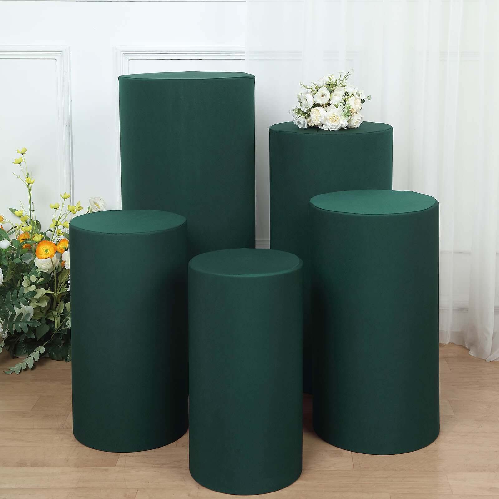 Set of 5 Hunter Emerald Green Spandex Cylinder Pedestal Stand Covers, Stretchable Pillar Prop Covers - 160 GSM