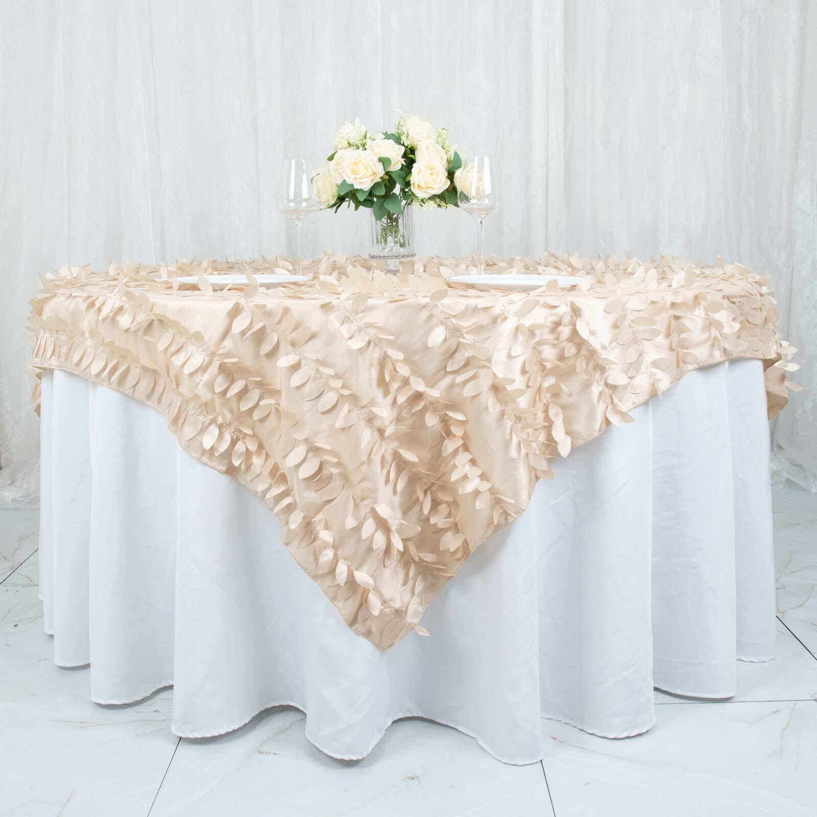 Taffeta 72x72 Table Overlay Square Tablecloth Beige - 3D Leaf Petal Table Cover