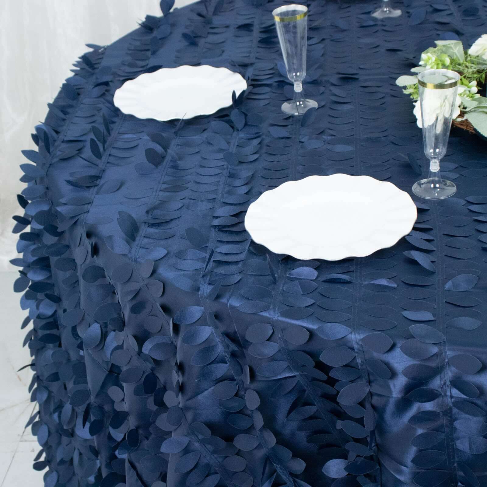 Taffeta 132 Round Tablecloth Navy Blue | 3D Leaf Petal Design Seamless Table Cover