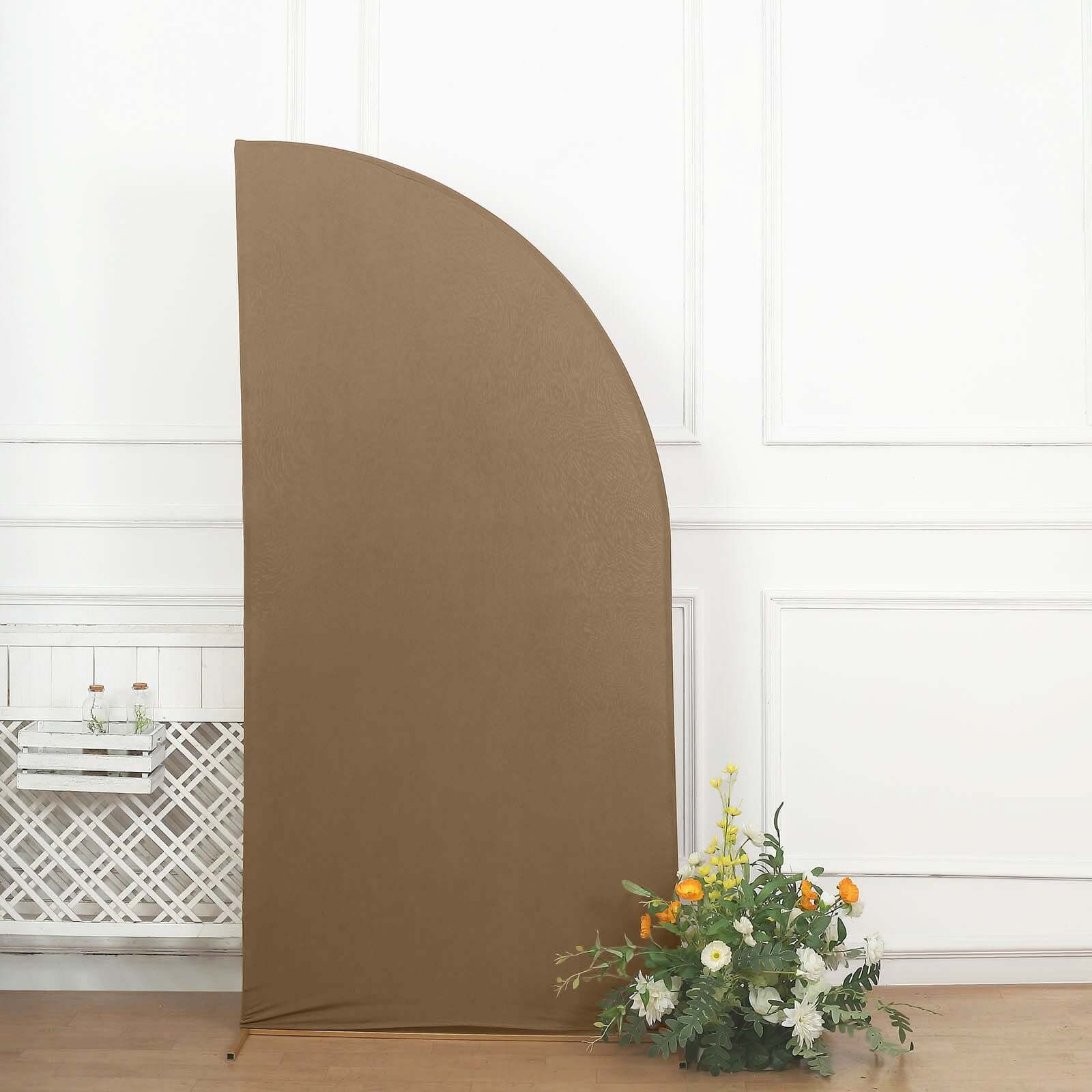 7ft Matte Taupe Spandex Half Moon Chiara Backdrop Stand Cover, Custom Fitted Wedding Arch Cover