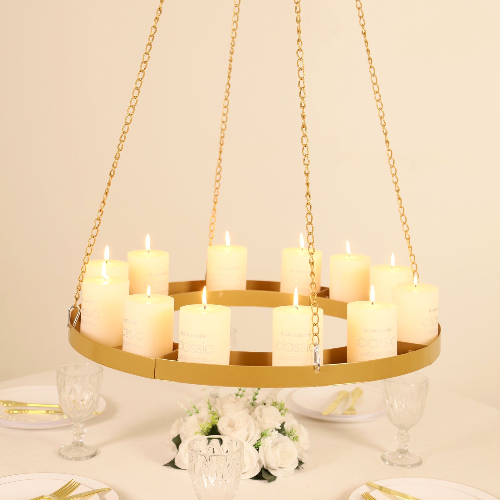 Gold Hanging Metal Floral Chandelier Frame - 24 Circular Lighting, Candle and Floral Display Base