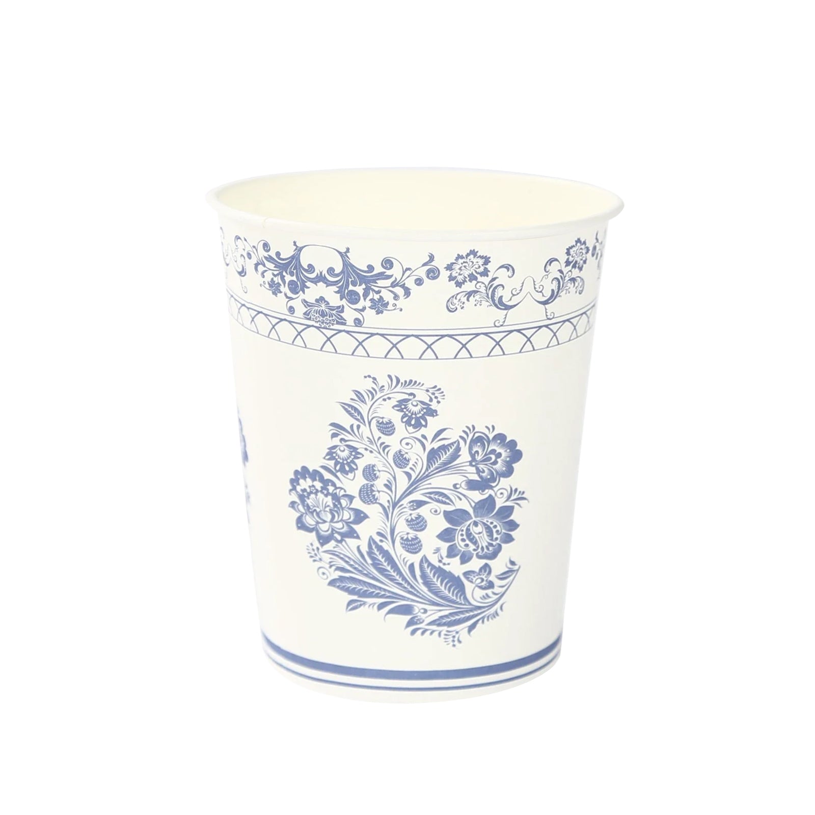 24-Pack Paper Cups in White with Royal Blue Damask Floral Pattern - Stylish Disposable Floral Party Cups for Hot & Cold Beverages 9oz