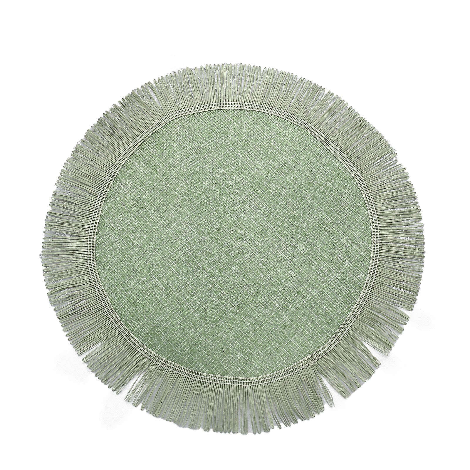 4-Pack Placemats Fringe Edge Design Sage Green Jute Round - Rustic Boho Chic Burlap Table Decor 16