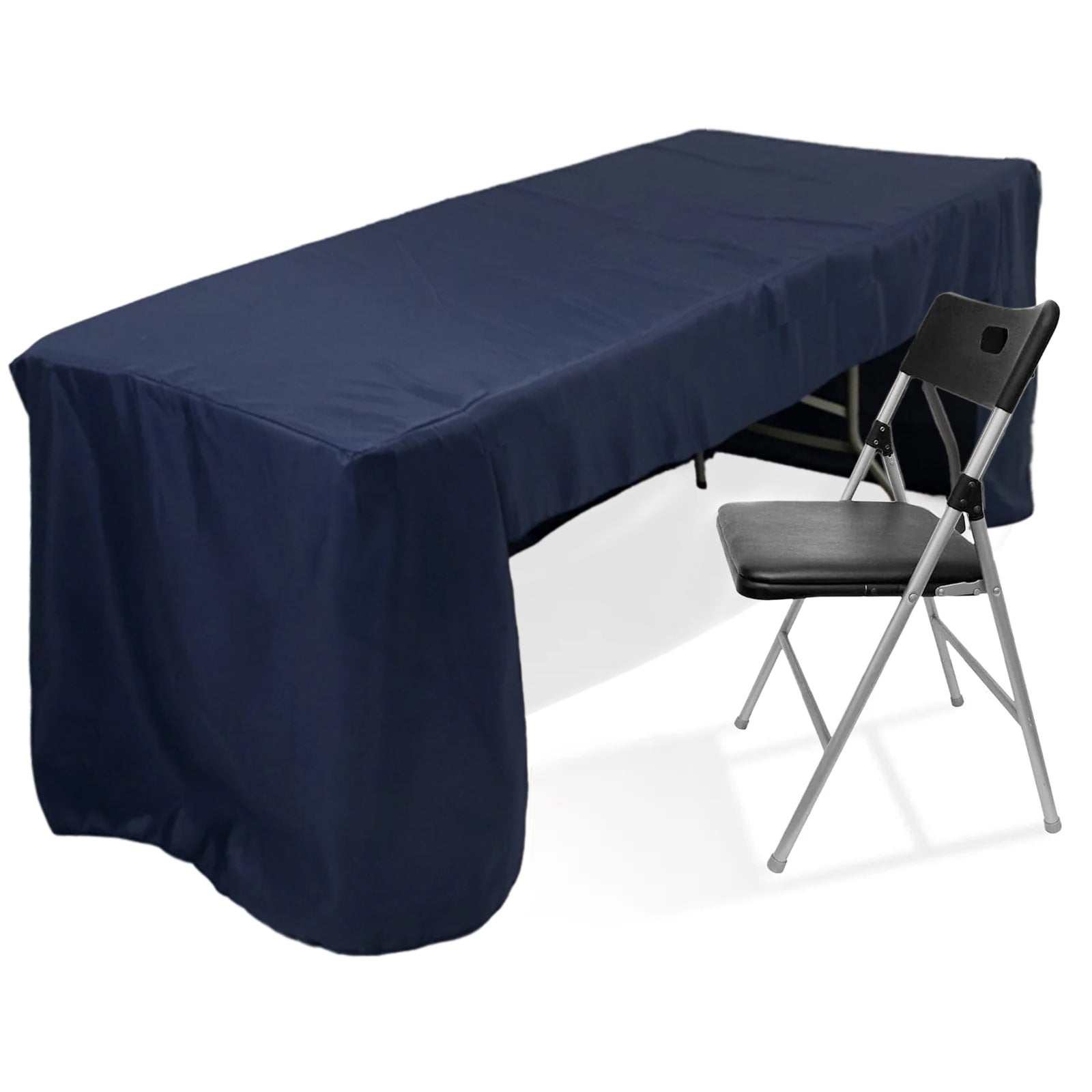 Fitted Polyester 96x30 Rectangle Tablecloth Navy Blue with Open Back Design - Easy to Maintain and Wrinkle-Resistant Table Cover for Trade Shows & Displays