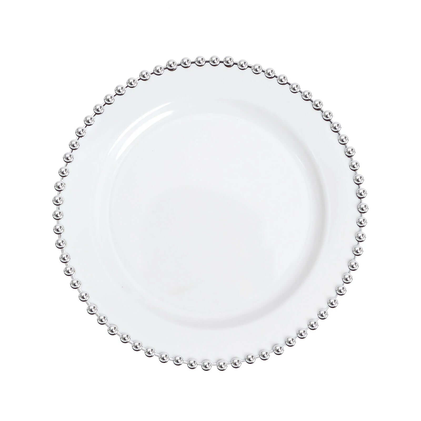 10-Pack Plastic 10 Round Dinner Plates in White with Silver Beaded Rim - Disposable Party Plates