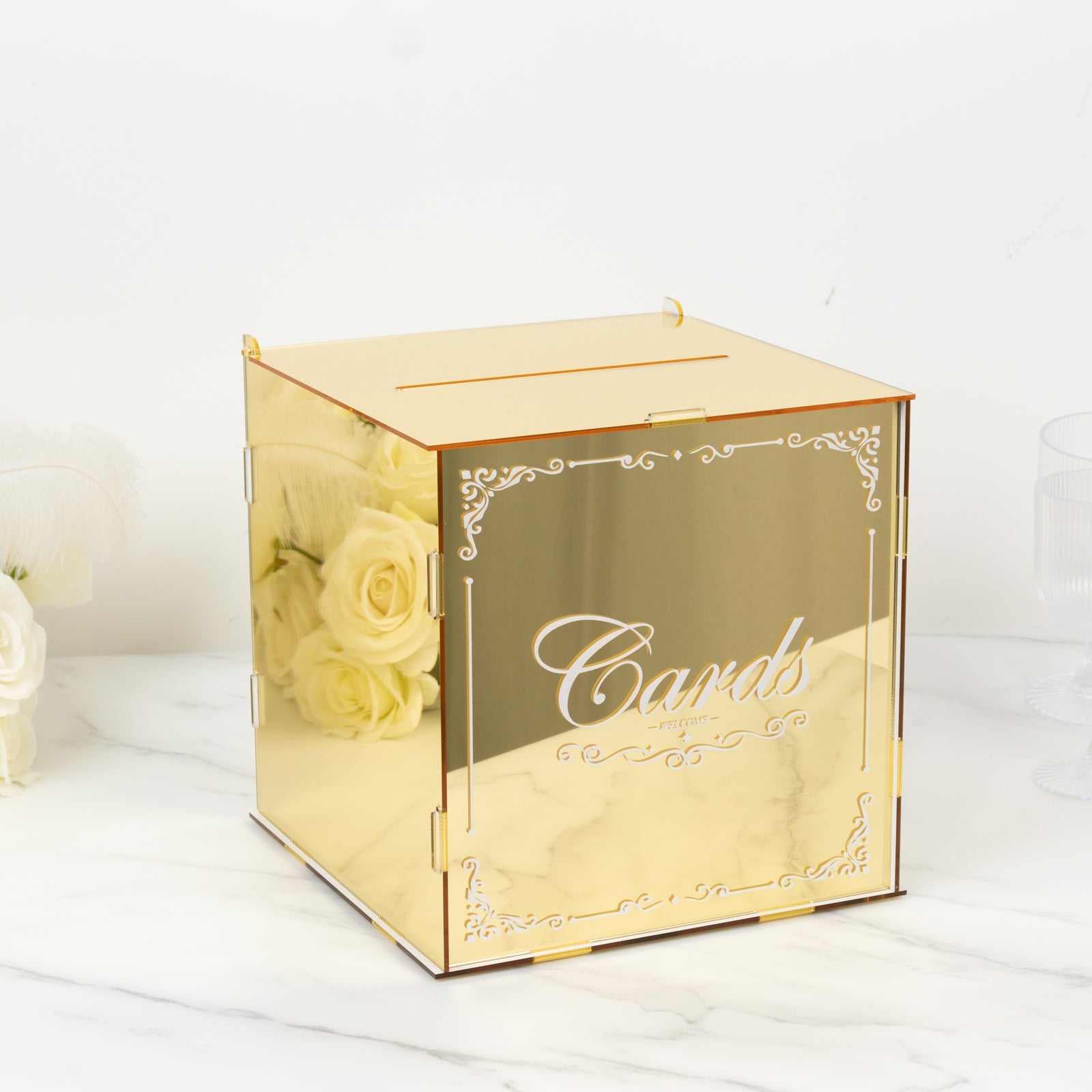 10 Gold Mirror Acrylic Wedding Card Box with Slot - Wishing Well Money Box for Reception, Graduation, and Events