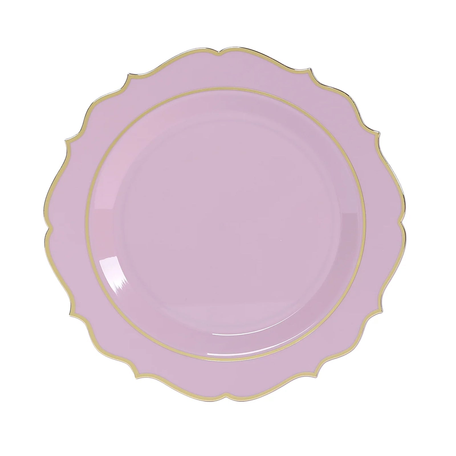 10-Pack Plastic 8 Round Desert Plates in Lavender Lilac with Gold Scalloped Rim - Disposable Appetizer/Salad Plates