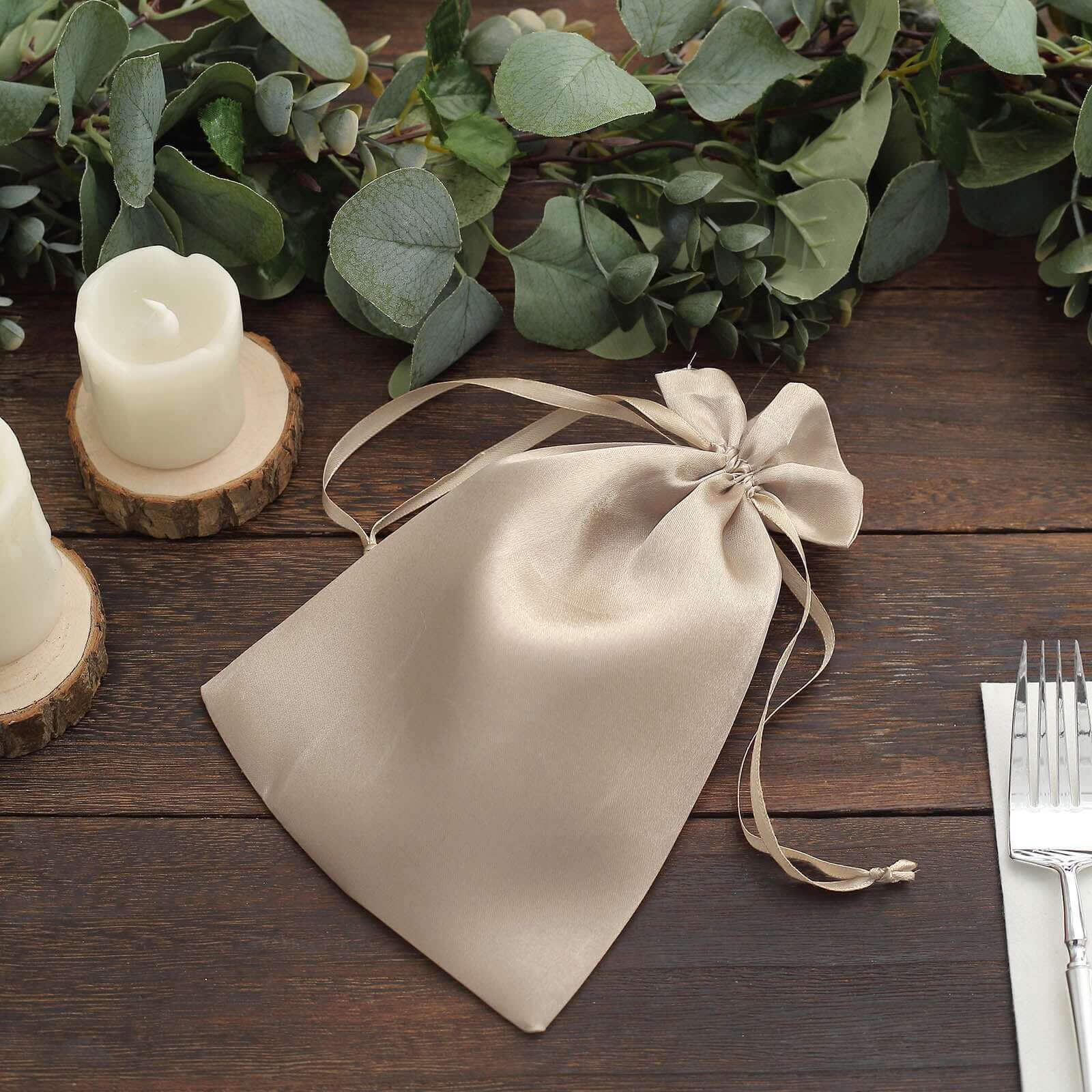 12 Pack 6x9 Beige Satin Drawstring Wedding Party Favor Gift Bags