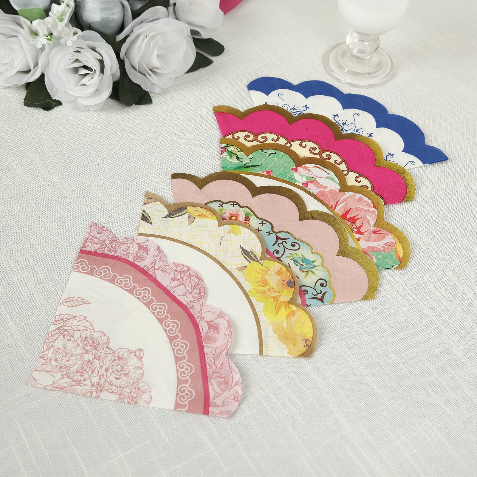 48-Pack Round Paper Cocktail Napkins with Vintage Floral Mixed Design and Scalloped Edges - Soft 2 Ply Disposable Napkins 12