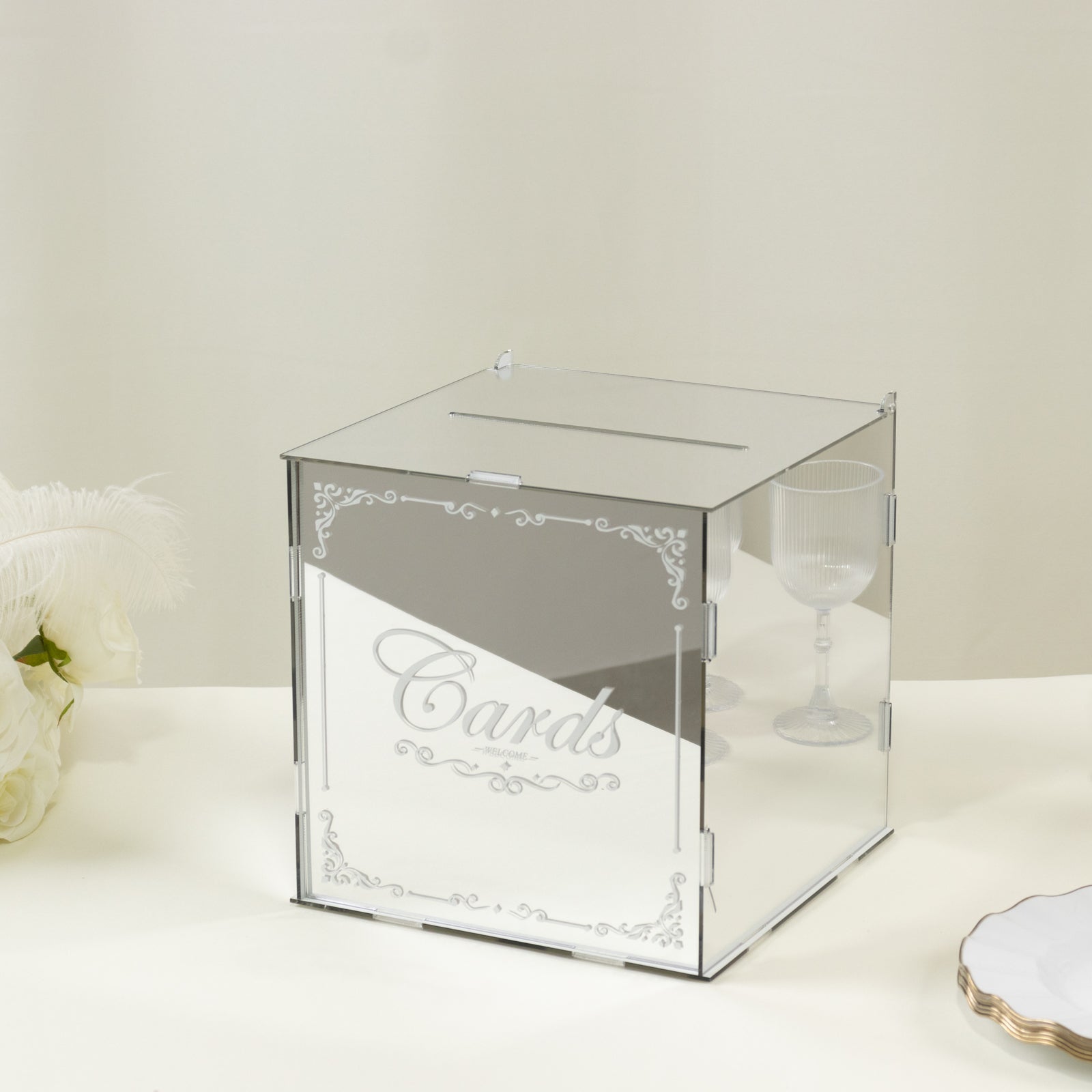 10 Silver Mirror Acrylic Wedding Card Box with Slot - Wishing Well Money Box for Reception, Graduation, and Events