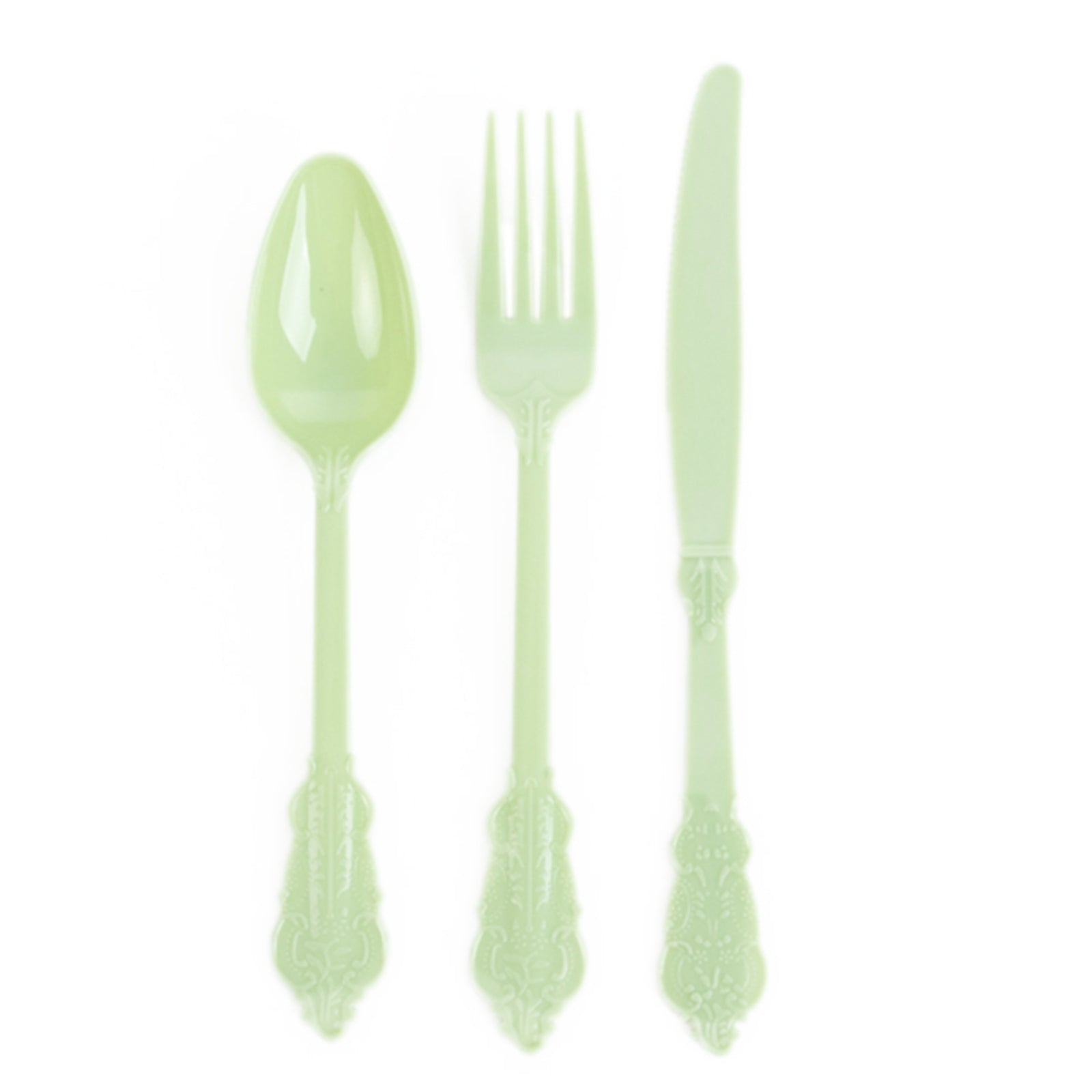 72 Pcs Plastic Silverware Set in Baroque Style Sage Green - Heavy Duty Disposable Knife, Fork, and Spoon Set