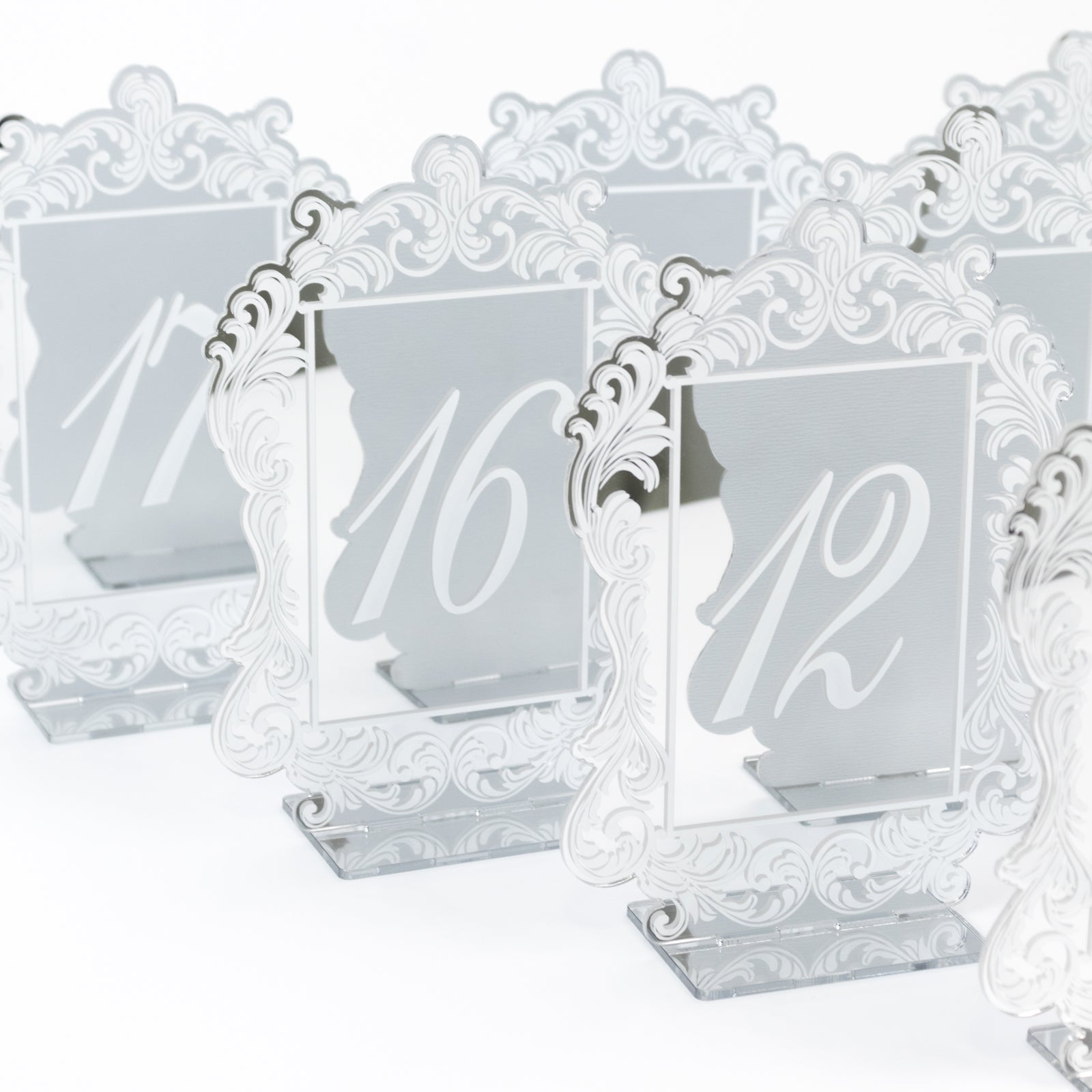 Silver Mirror Arch Acrylic Table Numbers (11-20) - 5x7 Wedding Reception Signs with Baroque Lace Border, White Print & Stands