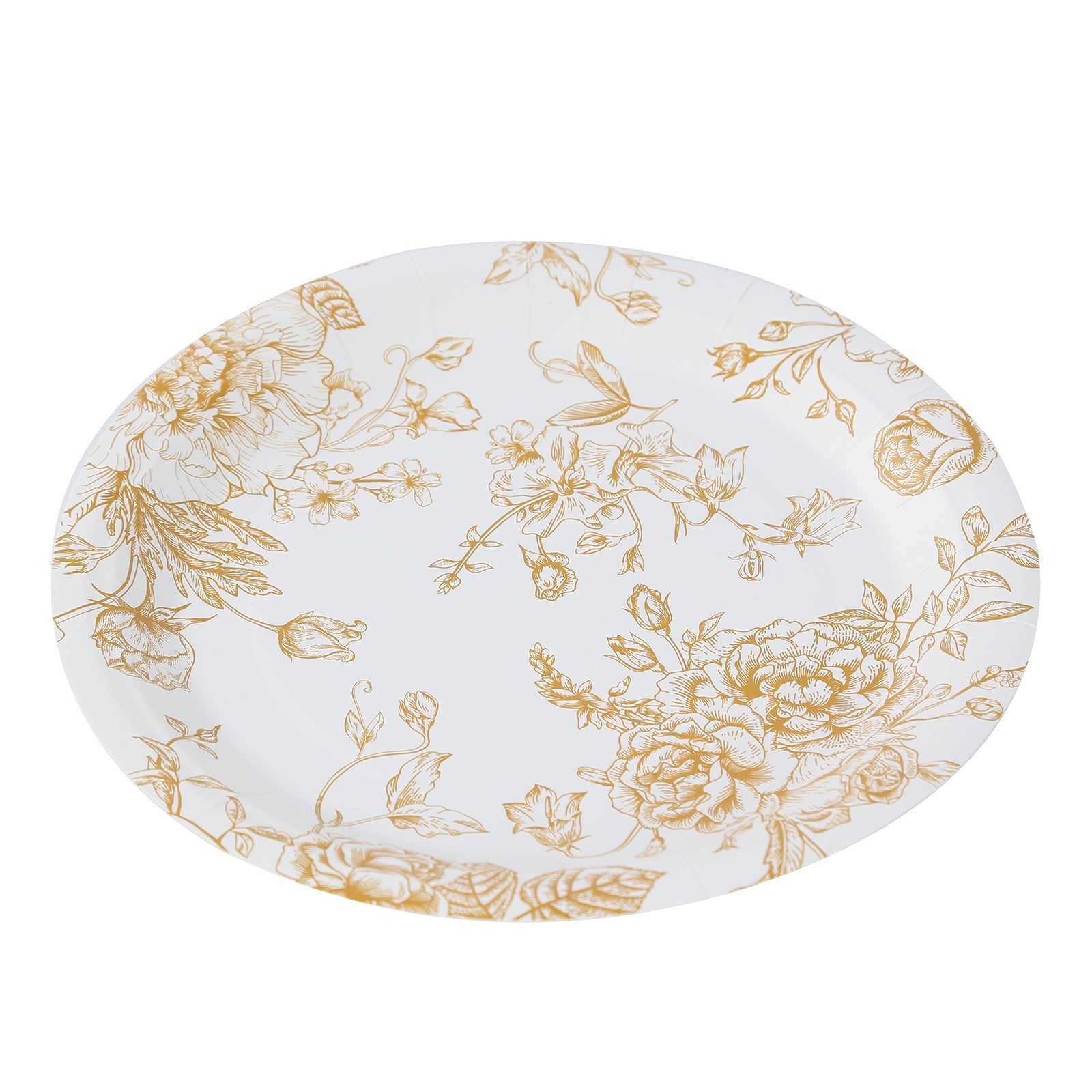 25-Pack Paper 9 Round Dinner Plates in White with Gold French Toile Pattern - Disposable Floral Party Plates for Stylish Events