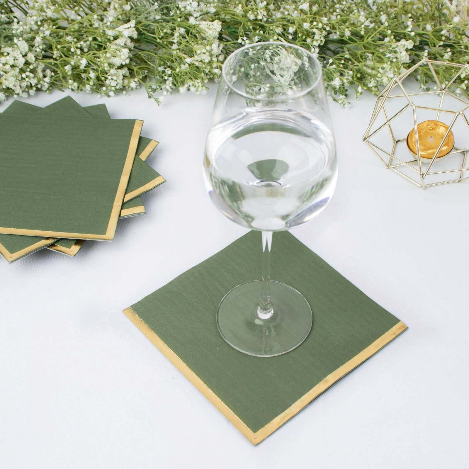 50-Pack Paper Beverage Napkins with Gold Foil Olive Green - Disposable 2 Ply Cocktail Napkins for Events 6.5x6.5