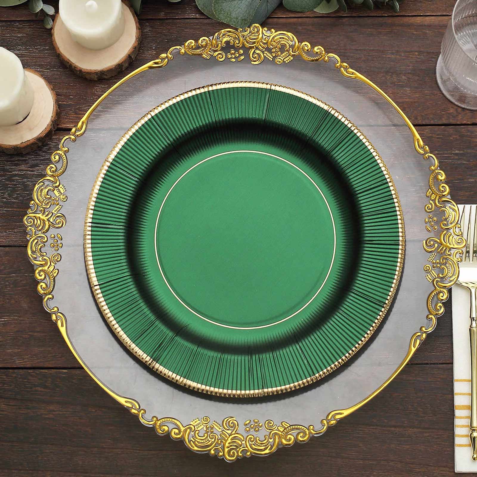 25-Pack Paper 10 Round Dinner Plates in Hunter Emerald Green Sunray Design with Gold Rim - Disposable Heavy Duty 350GSM Party Plates