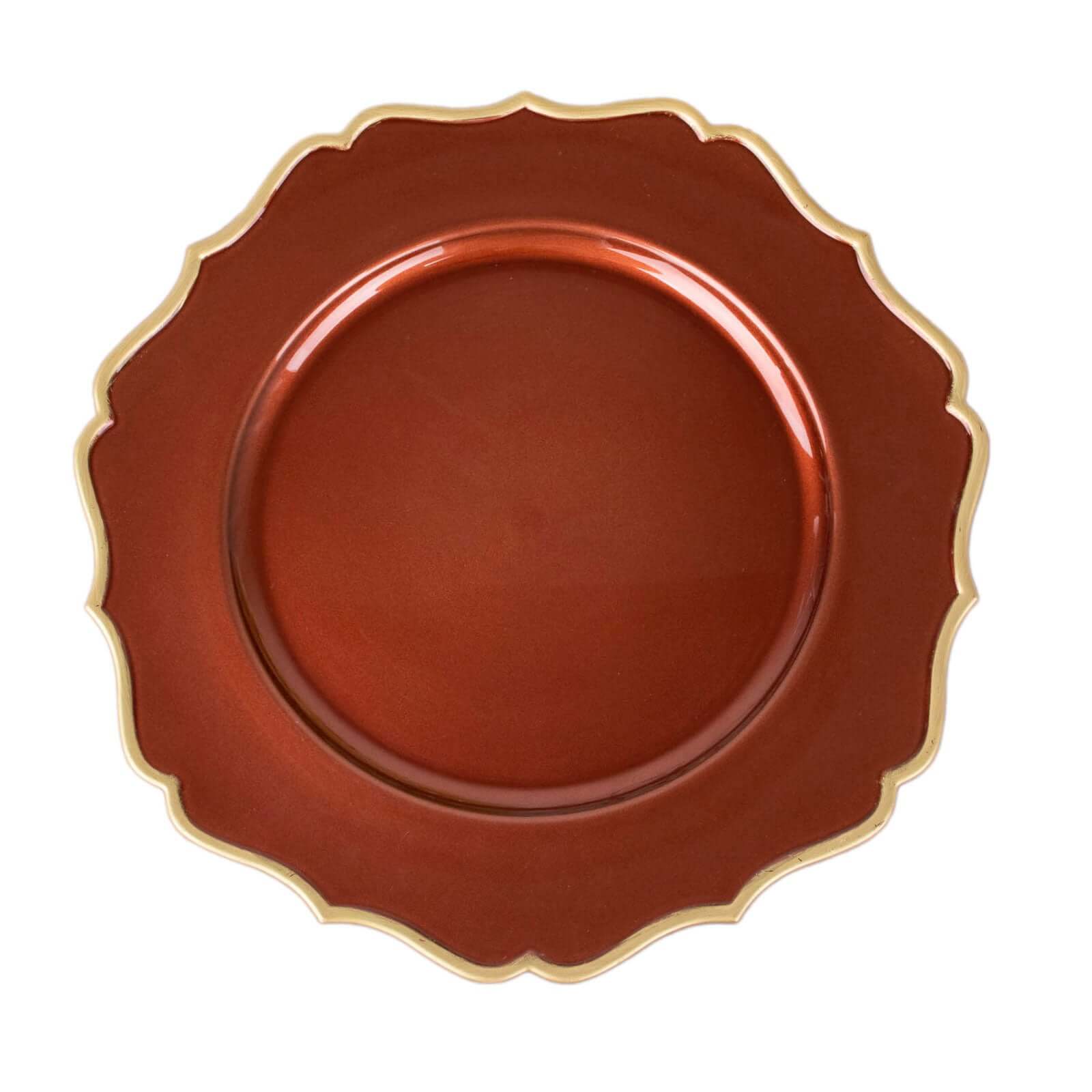 6-Pack Acrylic Round Charger Plates 13 in Terracotta (Rust) with Gold Scalloped Rim, Decorative Dinner Party Plastic Charger Tableware