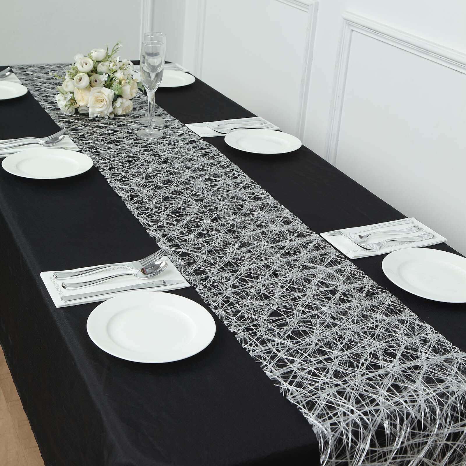 Polyester 12x108 Table Runner Metallic Silver Disposable Non-Woven Fiber Roll - Stylish & Chic Table Decor