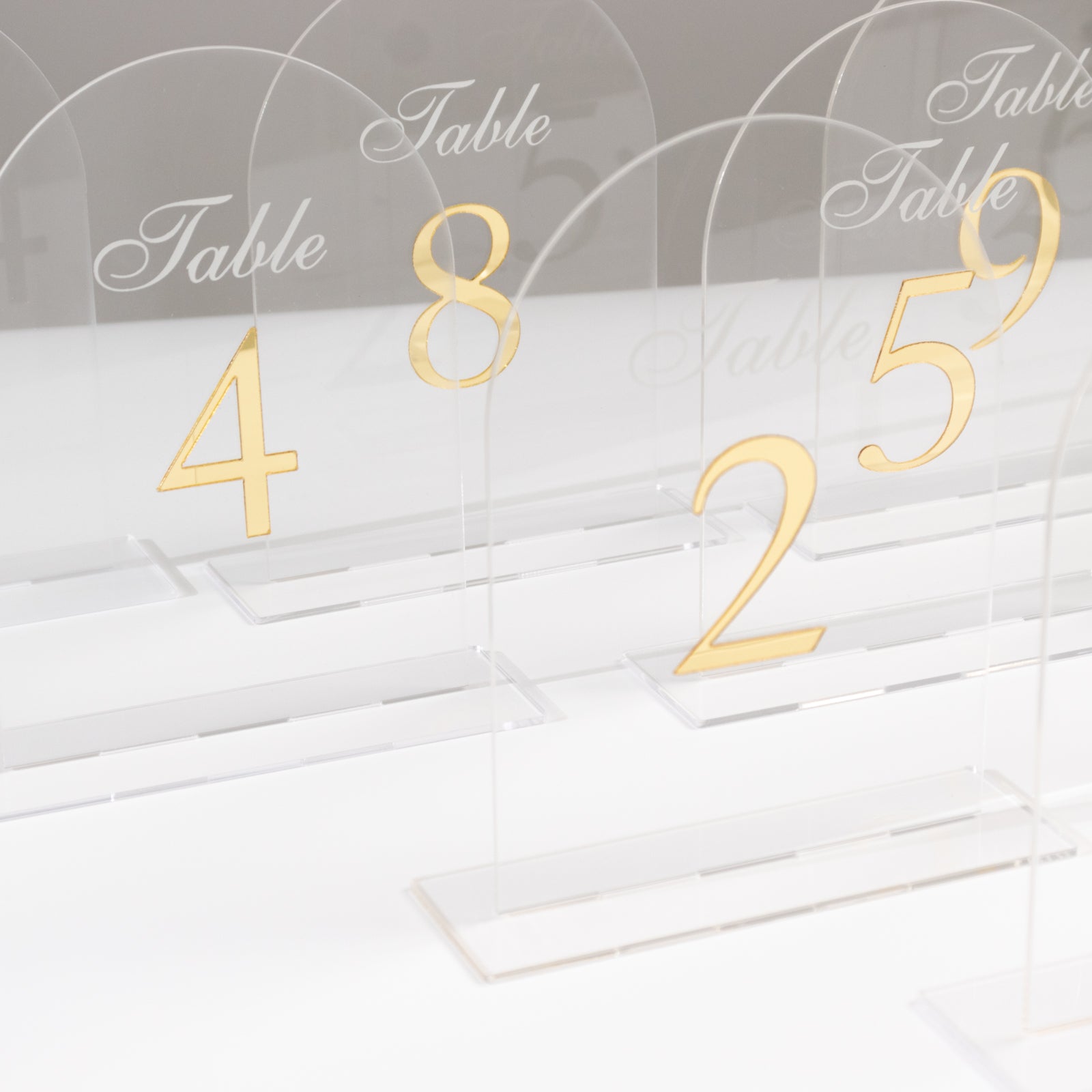 Clear Arch Acrylic Table Numbers (1-10) - 6x7 Wedding Reception Signs with Gold Print & Stands