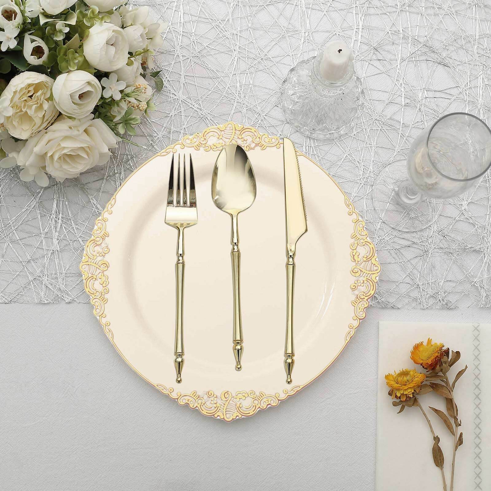 10-Pack Plastic 10 Round Dinner Plates in Ivory with Gold Leaf Embossed Rim - Disposable Vintage Baroque Style Plates