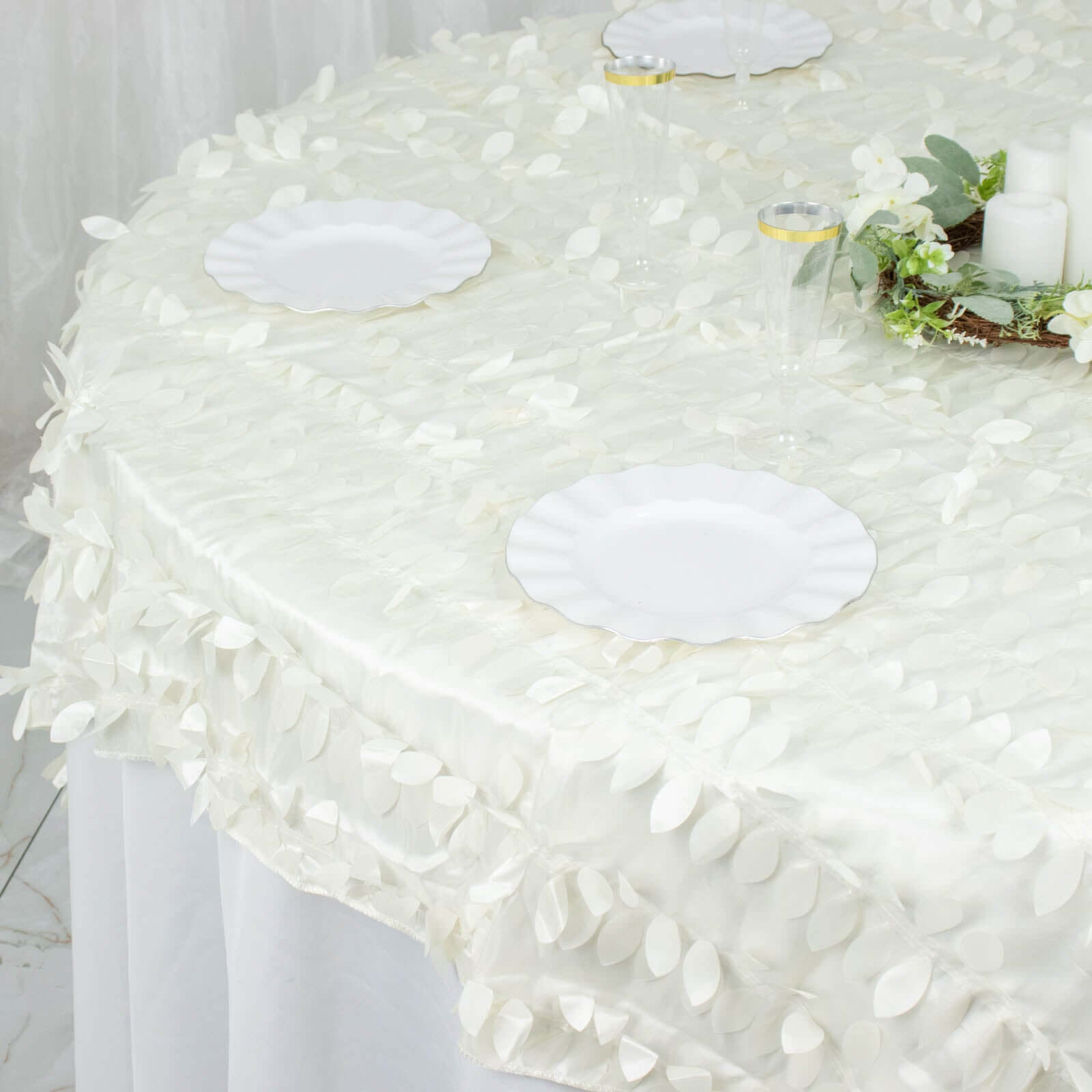 Taffeta 72x72 Table Overlay Square Tablecloth Ivory - 3D Leaf Petal Table Cover