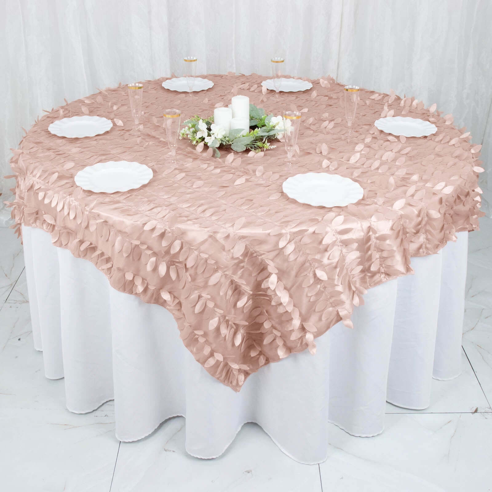 Taffeta 72x72 Table Overlay Square Tablecloth Dusty Rose - 3D Leaf Petal Table Cover