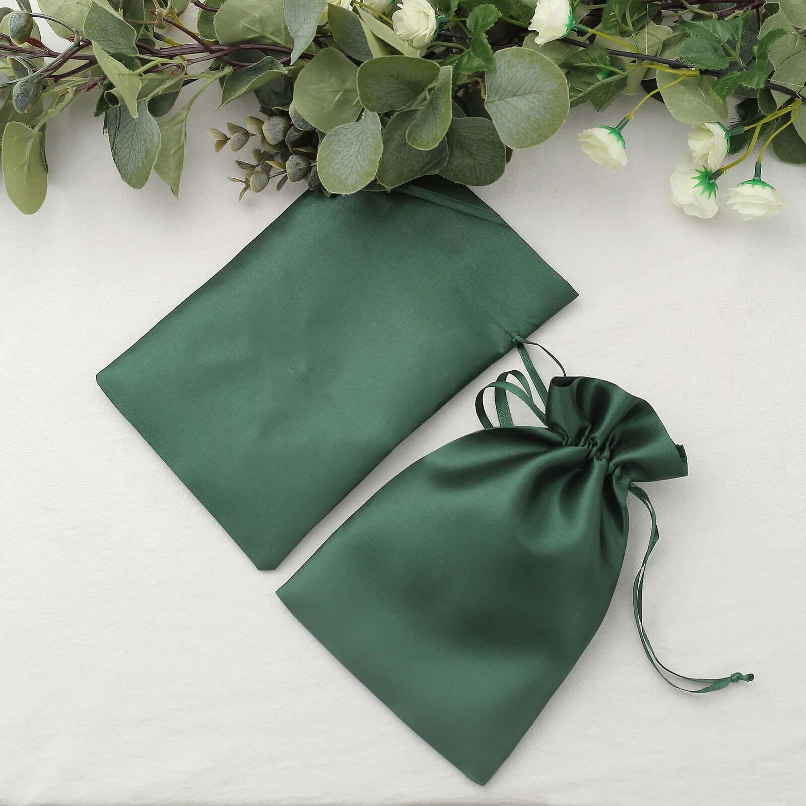 12 Pack 6x9 Hunter Emerald Green Satin Wedding Party Favor Bags, Drawstring Pouch Gift Bags