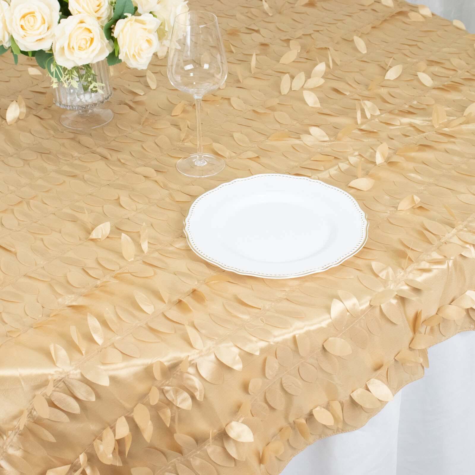 Taffeta 72x72 Table Overlay Square Tablecloth Champagne - 3D Leaf Petal Table Cover